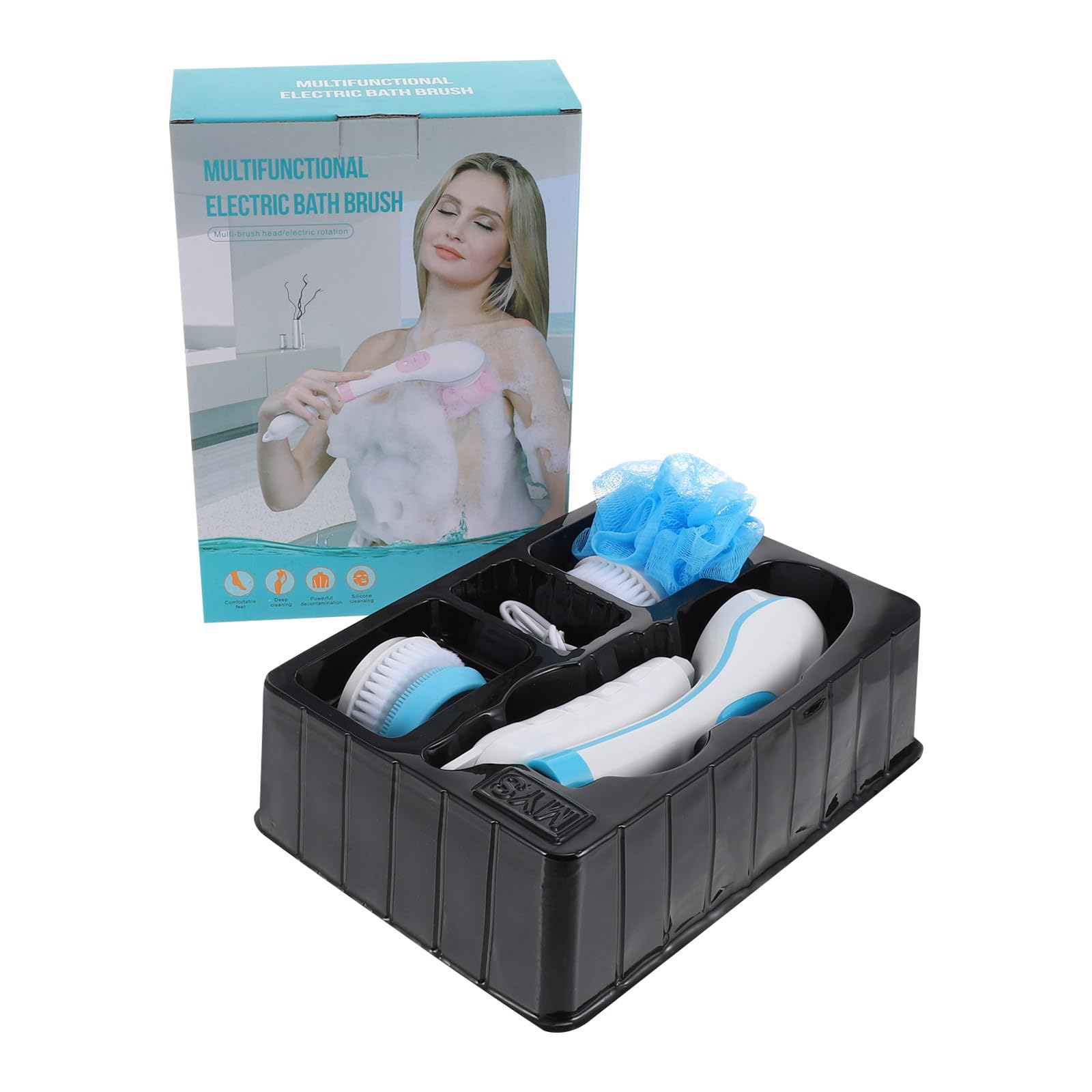 Elektrische Körperreinigungsbürste mit Langem Griff, Blau | Rotierender Bürstenkopf, Tiefenreinigung und Massage, Abs Material, für Baden mit Zubehör