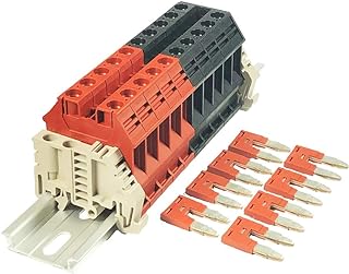 Dinkle Assembly Kit DK10N Red/Black 10 Gang with Jumpers DIN Rail Terminal Blocks, 6-20 AWG, 60 Amp, 600 Volt