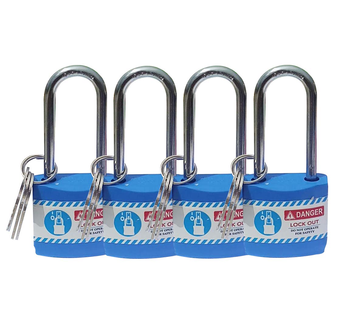 Loto Product India Lockout Tagout Long Shackle Jacket Padlock with 3 Keys - Set of 4 Blue