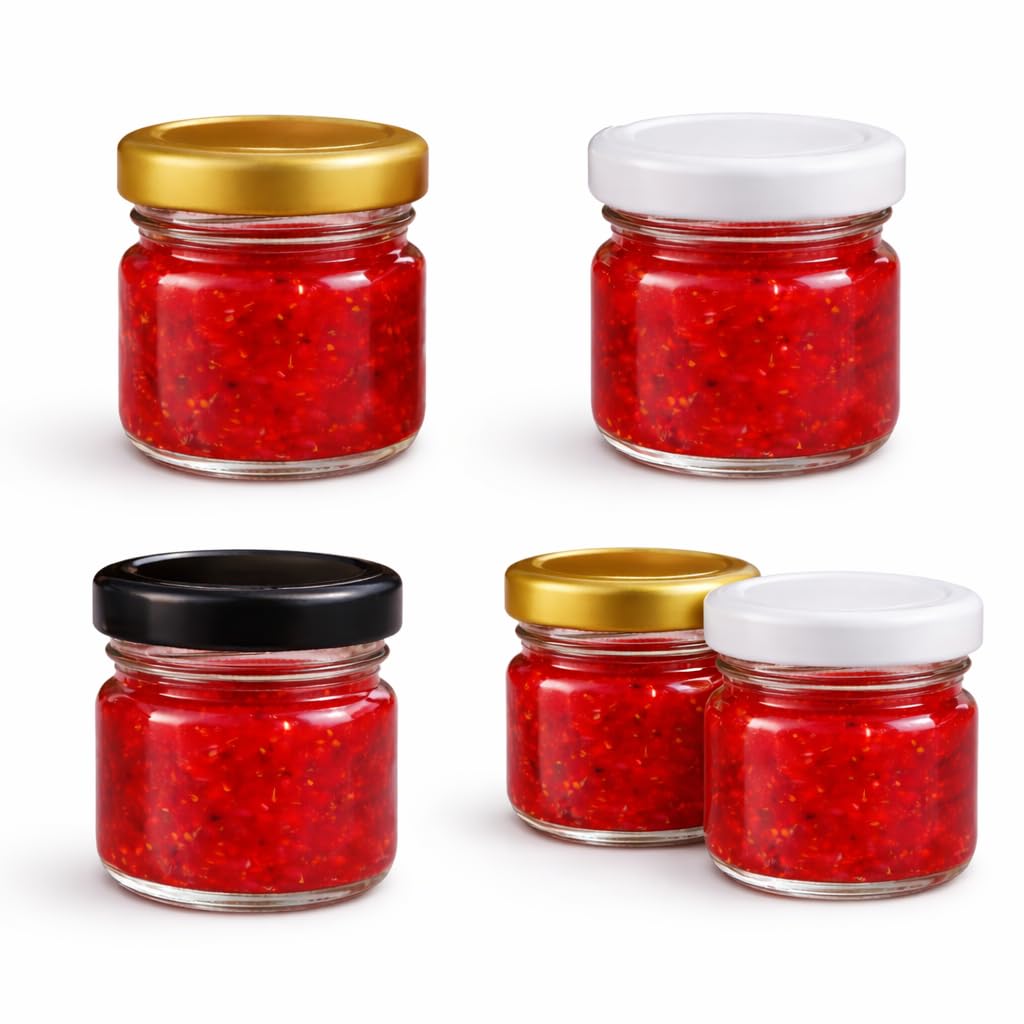 Made in Home - Lot de 100 Mini Pots en Verre de 40 ml à Épices avec Couvercle à Visser, Bocaux Ronds à Confiture et Miel (Couvercles Dorés)