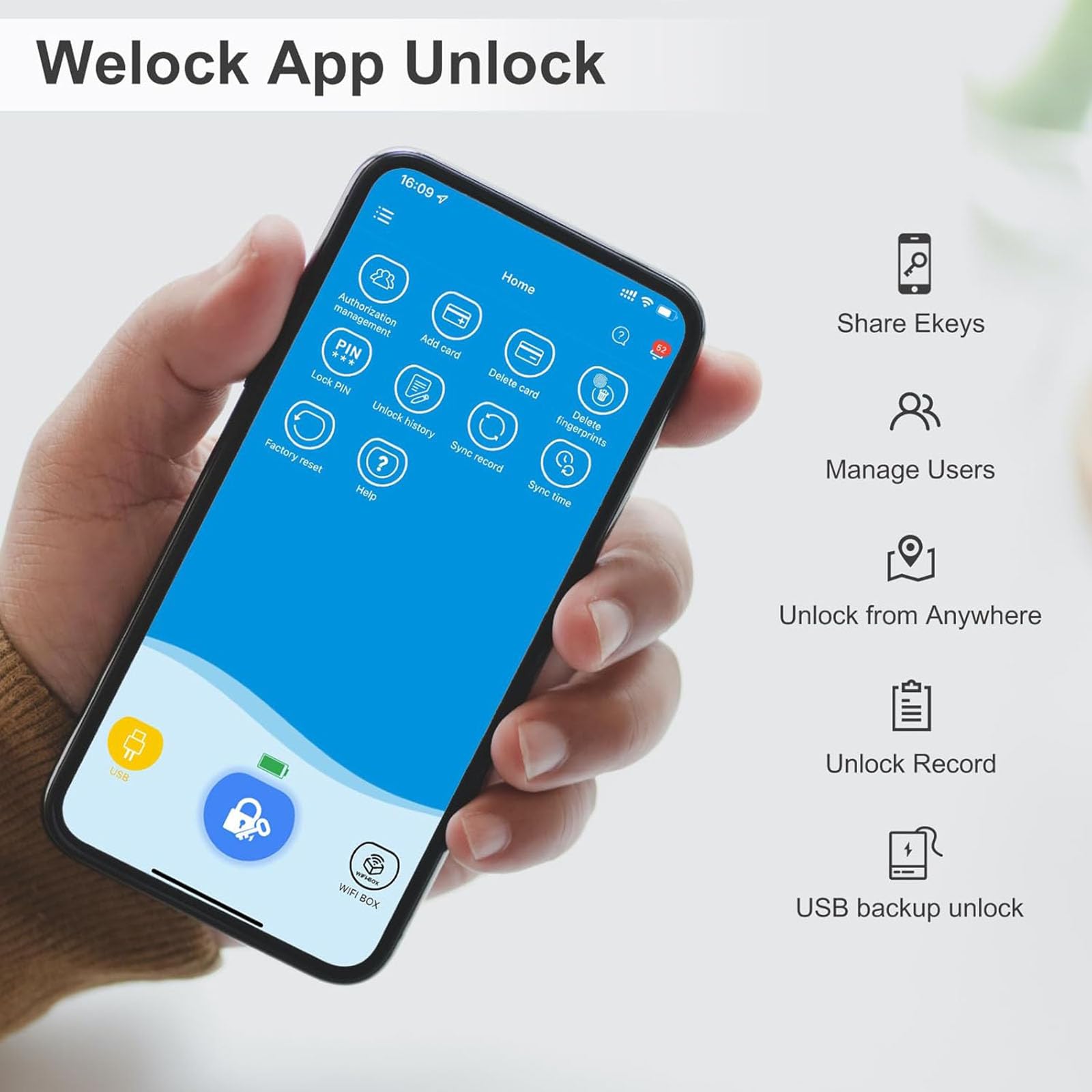 WELOCK Touch41 Serratura Smart,serratura impronta digitale,APP Bluetooh,Carta RFID, WiFi,serratura porta blindata,serratura elettronica facile da installare Argento