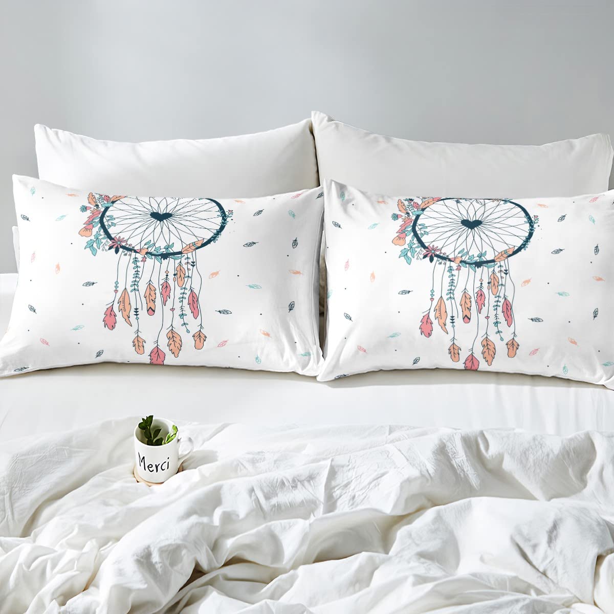 Loussiesd Boho Dreamcatcher Bedding Set Kids Kawaii Bohemian Comforter Cover Set for Girls White Feather Duvet Cover Breathable Drawing Flower Bedspread Cover Double - Image 4