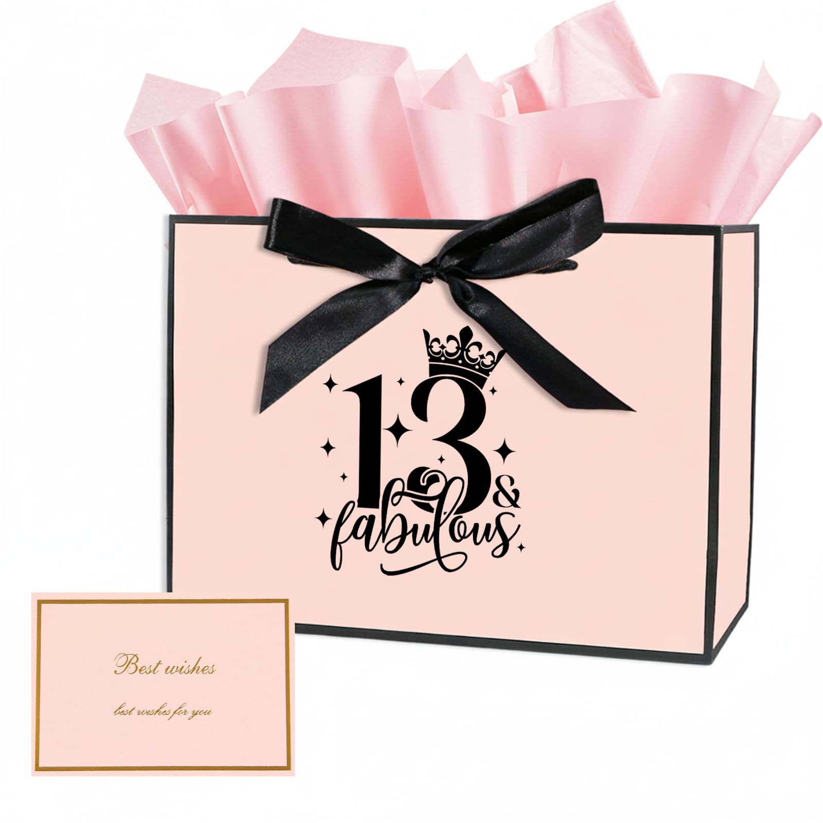 13th Birthday Gift Bag with Tissue Paper and Card, 13th Birthday Party Gifts Bag for Girls and Boys, Medium Gift Bags for Birthdays Party, Anniversary, Presents (Pink) — image 1