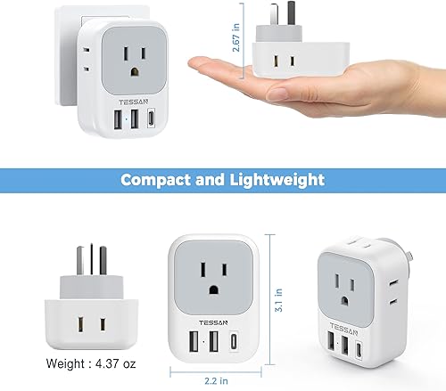 Miniatura 5 de TESSAN - Adaptador de corriente de viaje para AustraliaNueva Zelanda, 4 tomacorrientes de EE. UU., 3 cargadores USB (1 USB C), adaptador de enchufe