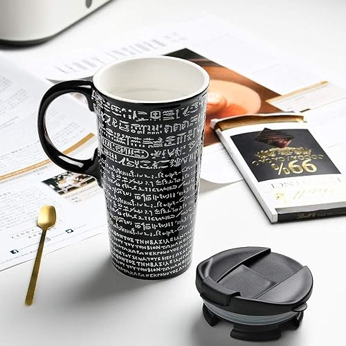 Miniatura 2 de TZSSP Taza de cerámica para café, taza de viaje, taza de té de porcelana con tapa, 17 onzas, piedra rosetta, color negro