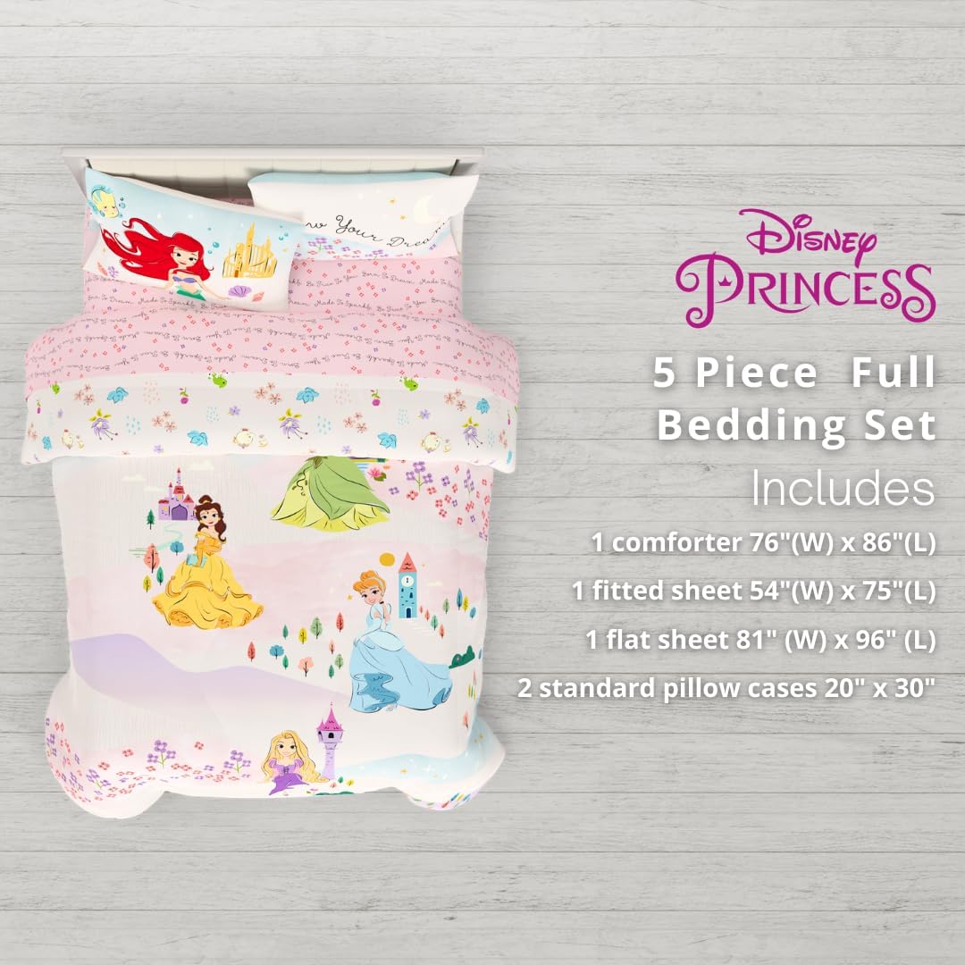 Disney Princess Kids Bedding Super Soft & Cozy Comforter and Sheet Set, Full, (Officially Licensed Product) By Franco