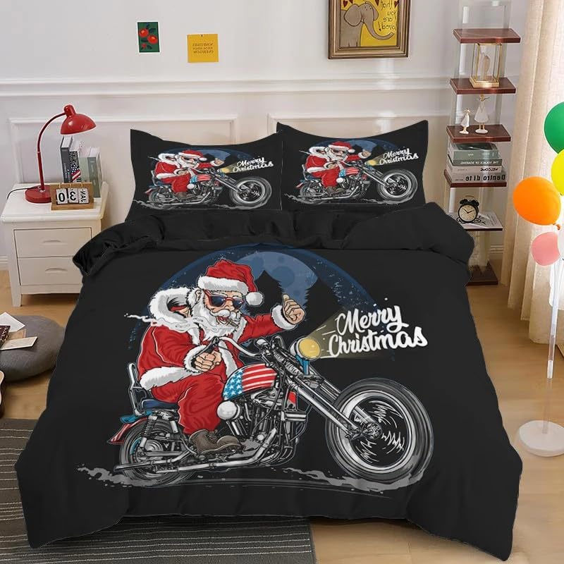 Father Christmas Super King Duvet Cover - 110g Microfiber Superking Bedding Set Motorbike Reversible Patterned Quilt Cover Set 3 Pcs with Zipper Closure and 2 Pillowcases 50x75, Soft Easy Care