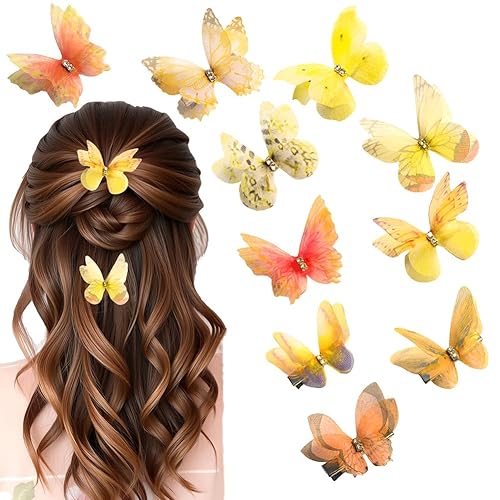 Clip de mariposa para decoración de cabello amarillo, pinzas para el cabello de mariposa en movimiento para niñas (amarillo-10PCS)