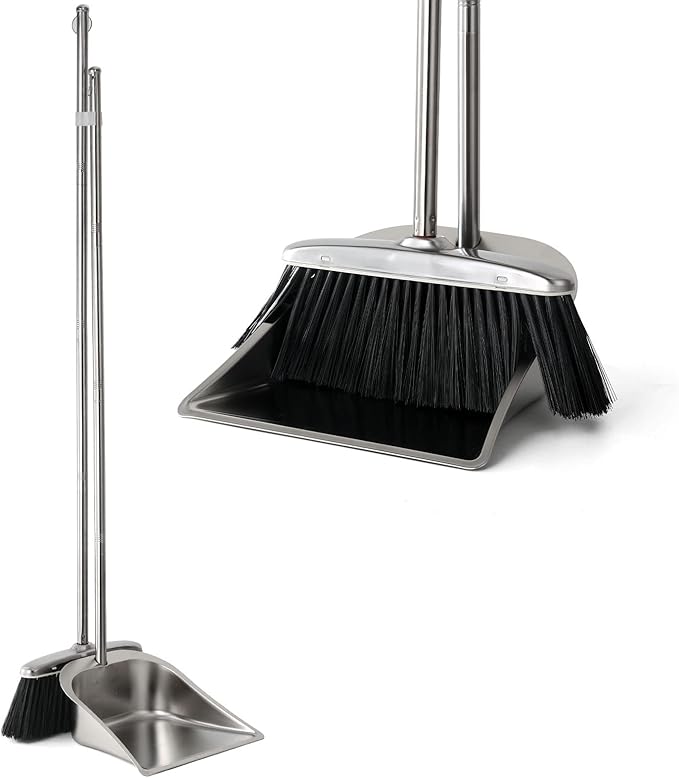 VOOWO Heavy Duty Broom and Dustpan Set, Stainless Steel