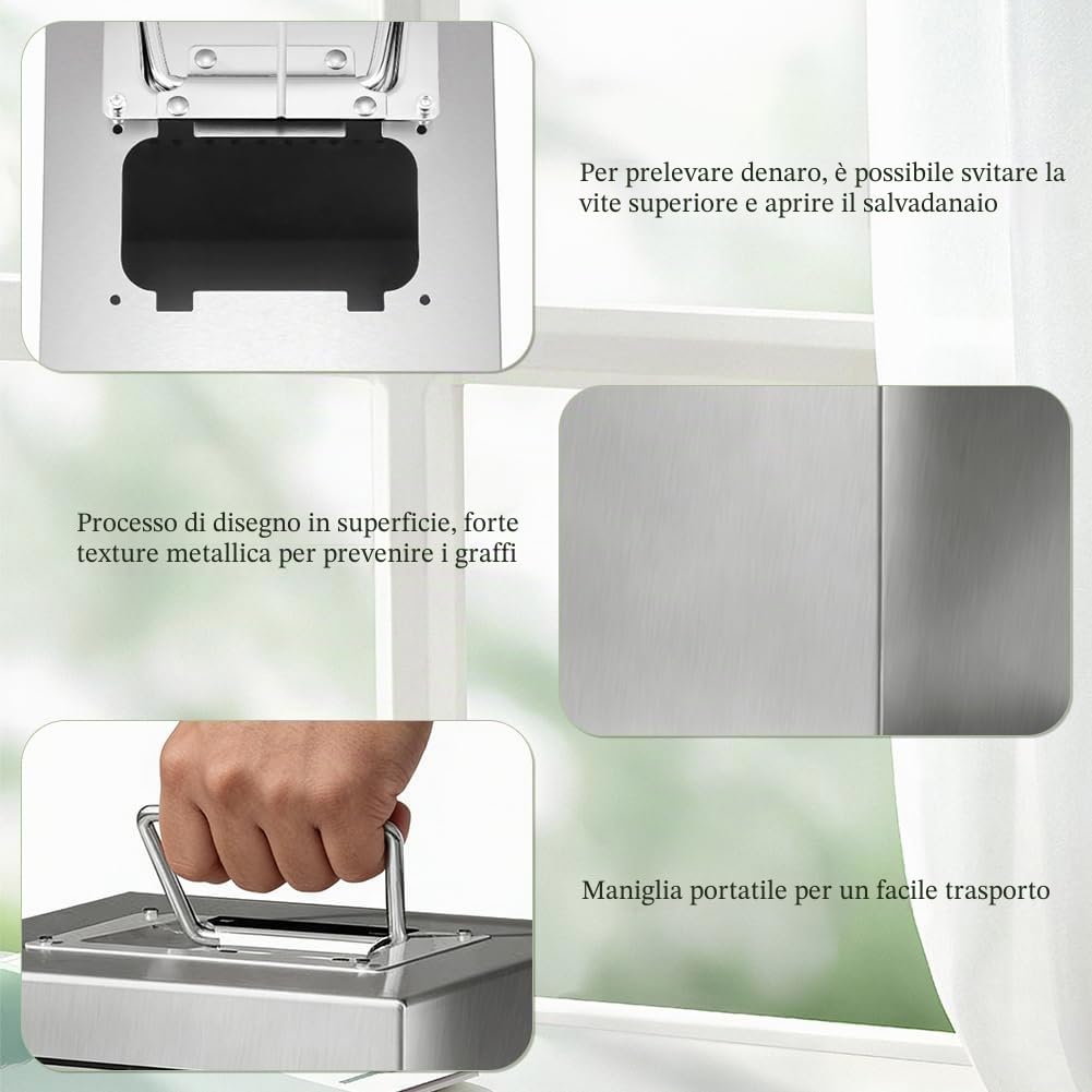 Salvadanaio per adulti in acciaio inox, salvadanaio sicuro per bambini, XXL, salvadanaio sicuro per riutilizzare, difficile da aprire, grande, con manico (argento)