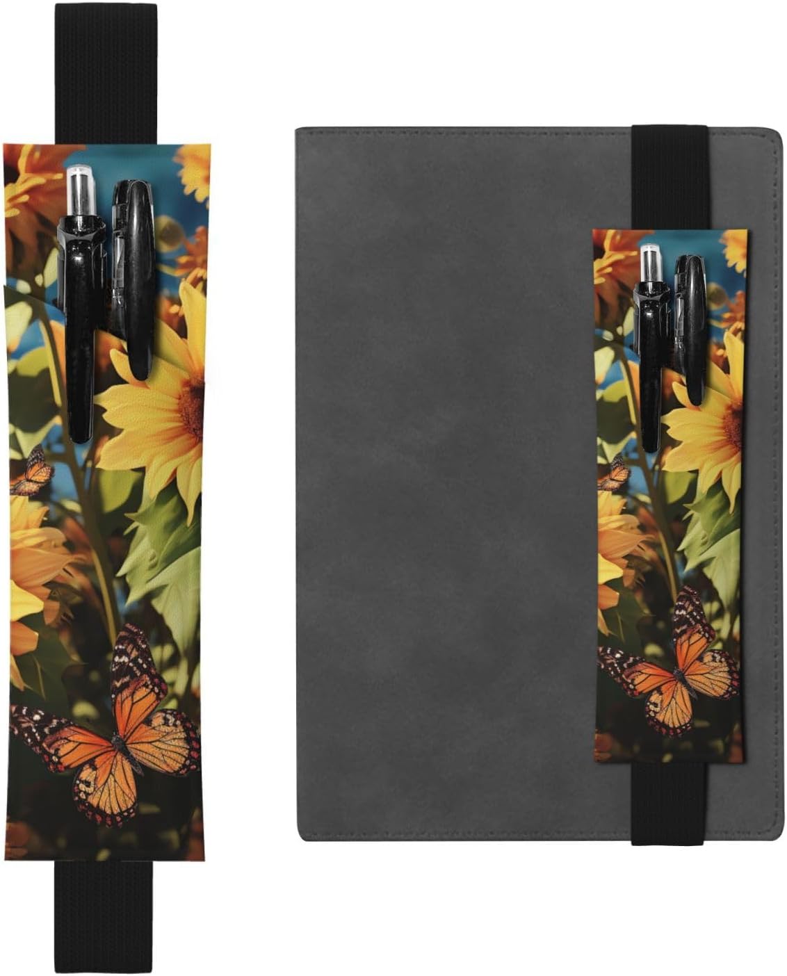 Sunflowers and Butterflies Pen Holder for Notebook, PU Leather Pen Sleeve Pouch for Gift, Detachable Bookmark Elastic Journal Pencil Holder Case - Hold 2-3 Pens, Black