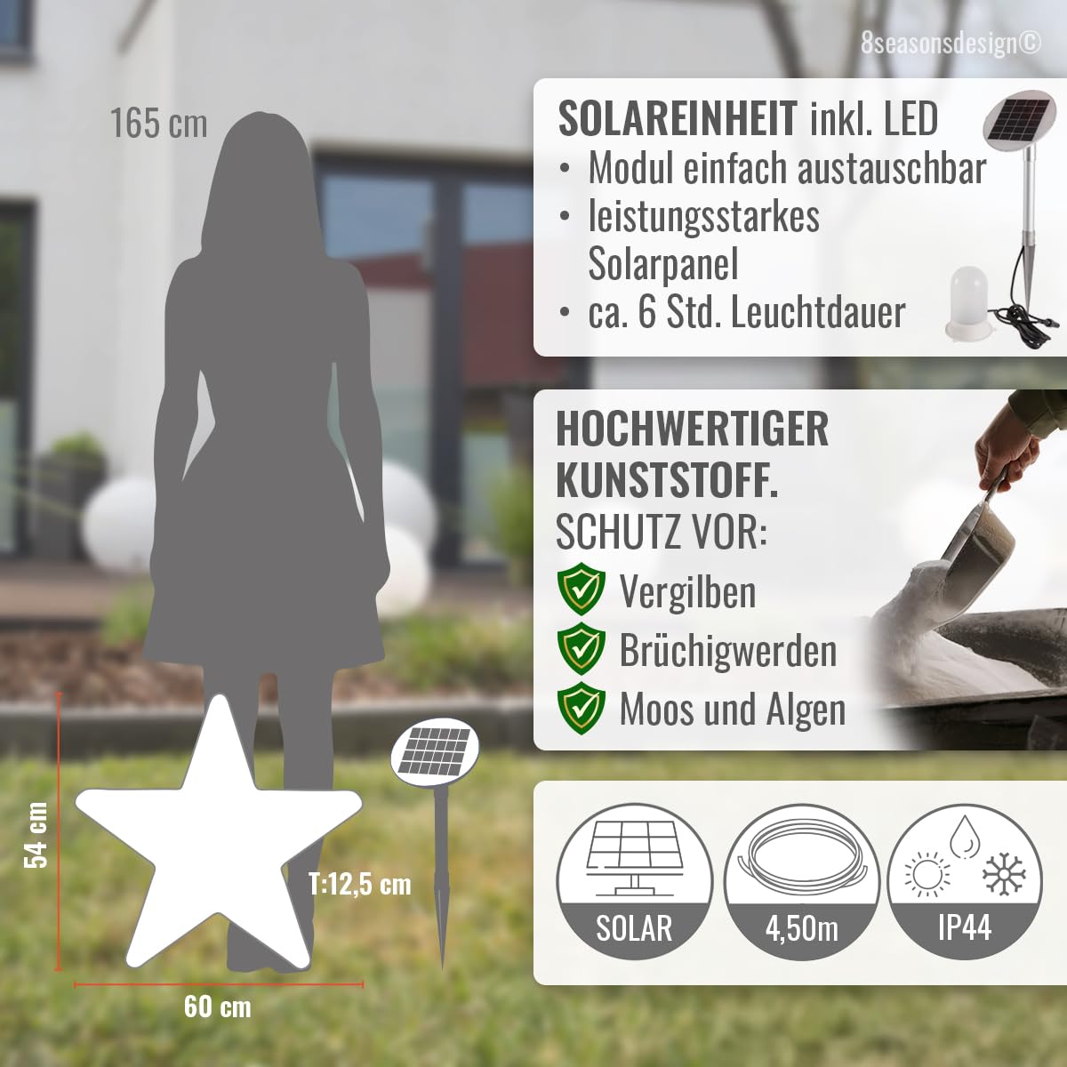 8 seasons design Solar Weihnachtsstern 60 cm, Shining Star (weiß) LED warmweiß, Dämmerungssensor – wetterfest – LED Stern für außen (Garten, Terrasse, Balkon) – winterfest – Weihnachtsbeleuchtung