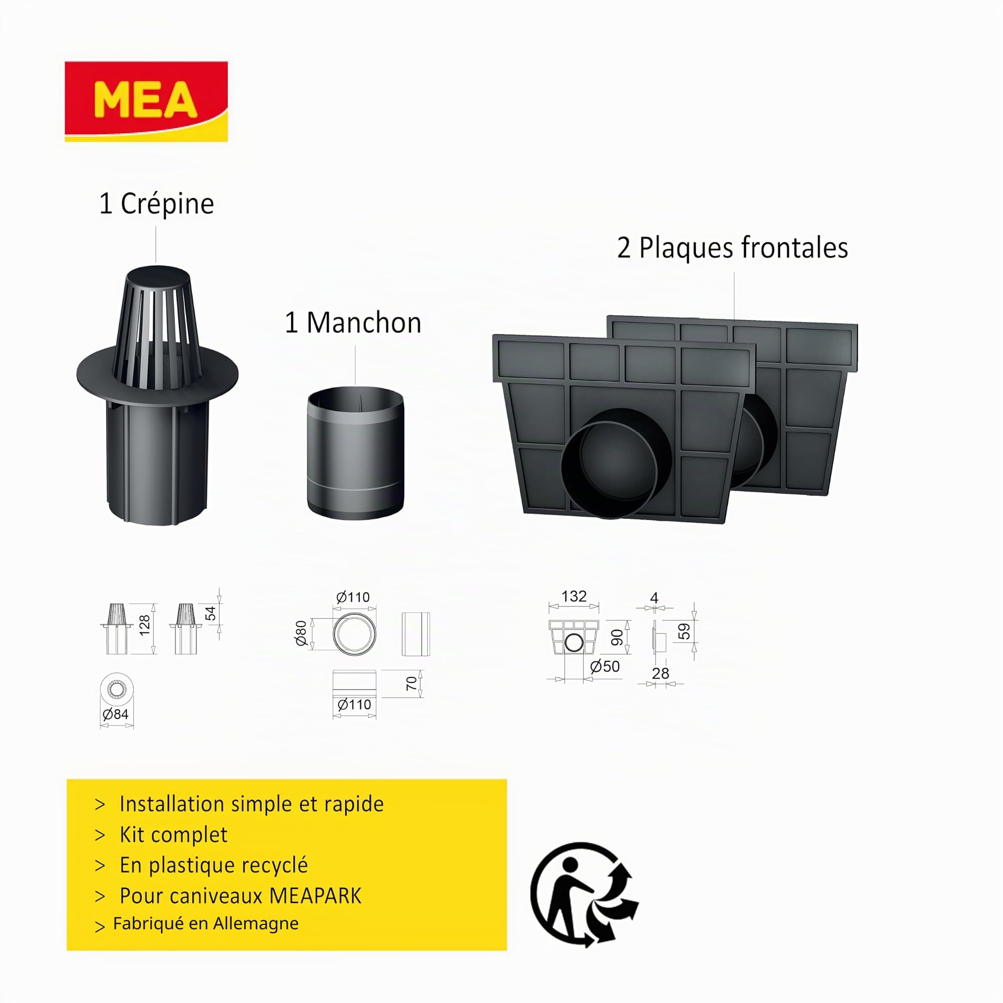 MEA Pack de 6 Caniveaux Extérieurs MEAPARK – Grille en Plastique Recyclé Noir – Drainage Terrasse, Piscine, Jardin – Classe A15 Piéton – Largeur utile 10 cm