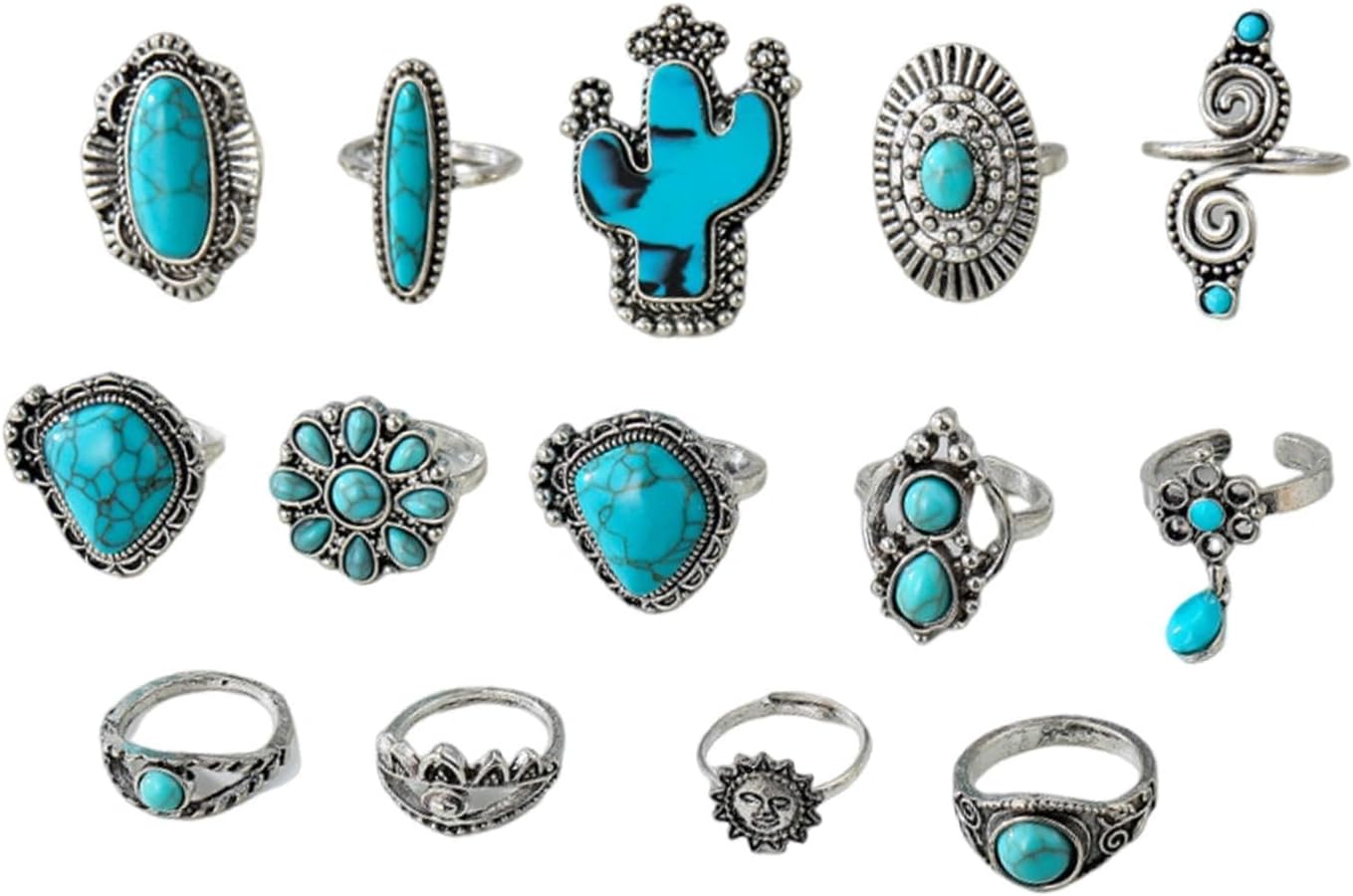 Chunky Bohemian Stackable Knuckle Rings Set Vintage Turquoise Finger Rings Cactus Flower Statement Midi Ring Western Country Jewelry Gifts - Image 4