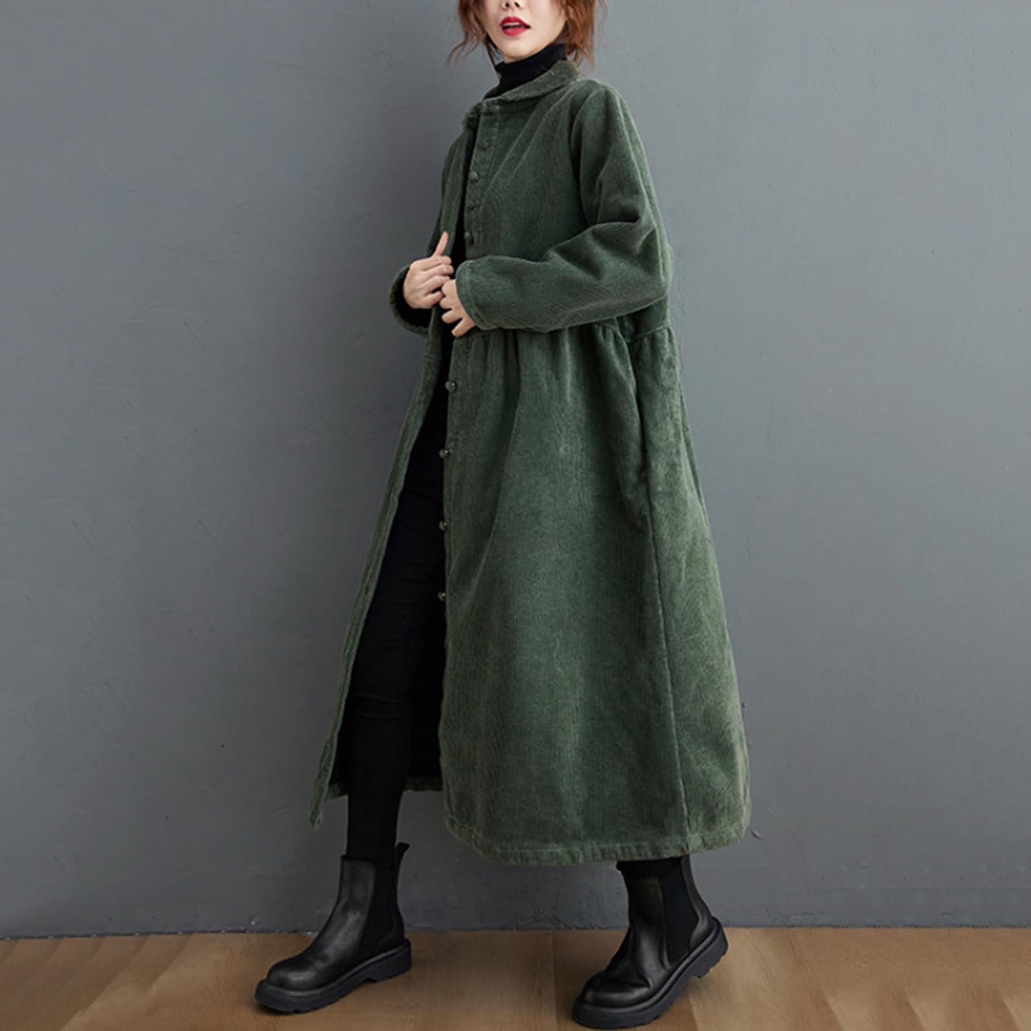 Manteau Long en Velours côtelé pour Femme avec Boutons et Poches latérales Trench-Coat rembourré à Manches Longues Robe Vintage Ample en Velours côtelé