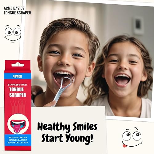 Miniatura 2 de Paquete de raspador de lengua para adultos y niños (paquete de 4). Limpiadores de lengua de acero inoxidable para reducir el mal aliento y el
