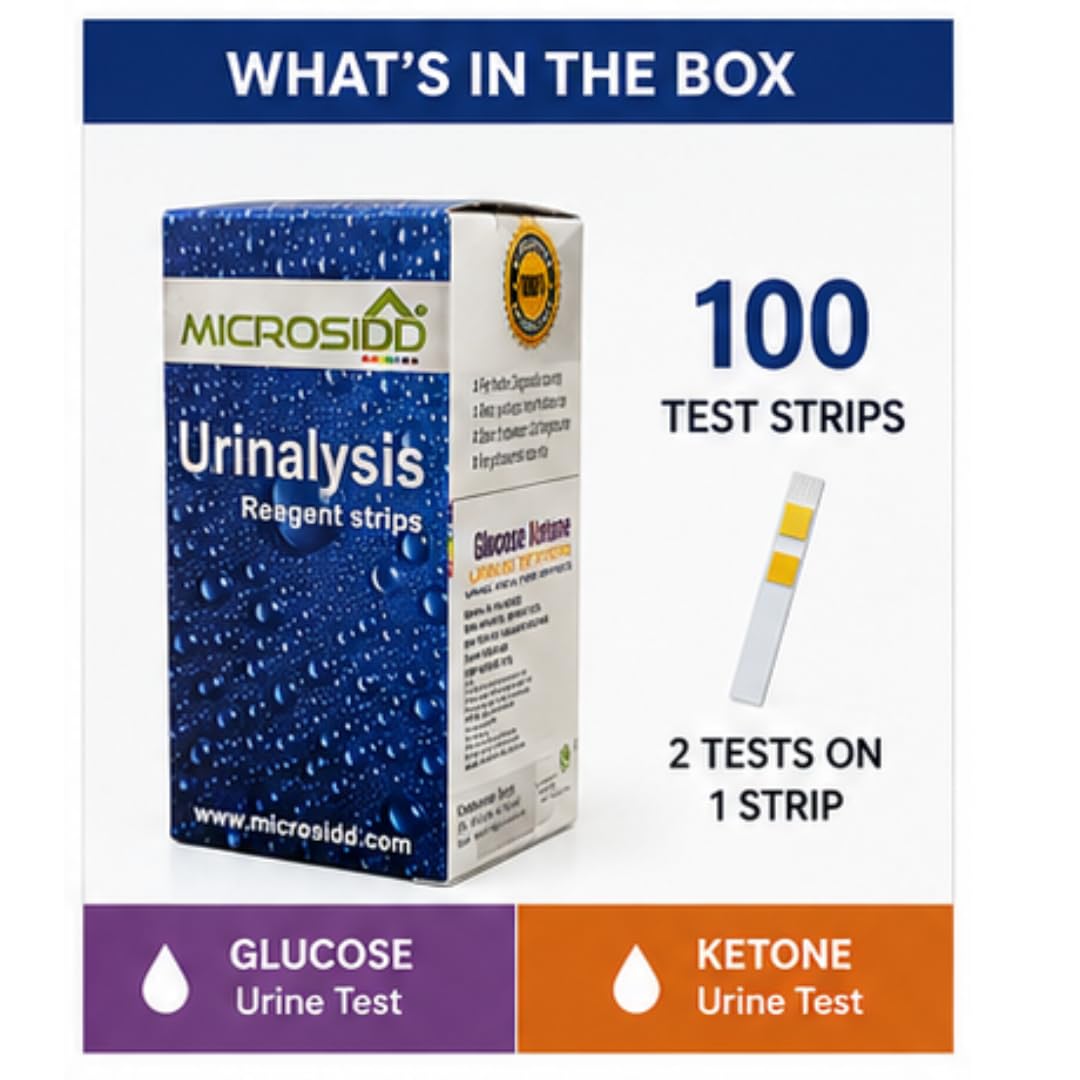 Microsidd Glucose & Ketone Urine Test Strips 100 Count | 2 Parameter Urinalysis Reagent Strips for Glucose and Ketones | Dip & Read Urine Testing Strips with Colour Chart | No Analyser Required 1