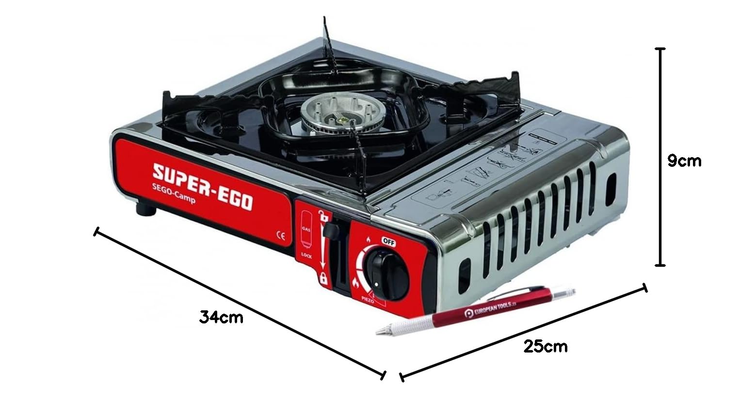 Cocina portátil de gas butano SUPER-EGO para camping. Incluye hornillo de gas, maletín de transporte y boli destornillador de regalo. Adaptada a la nueva norma EN-17476. NO INCLUYE CARTUCHO DE GAS