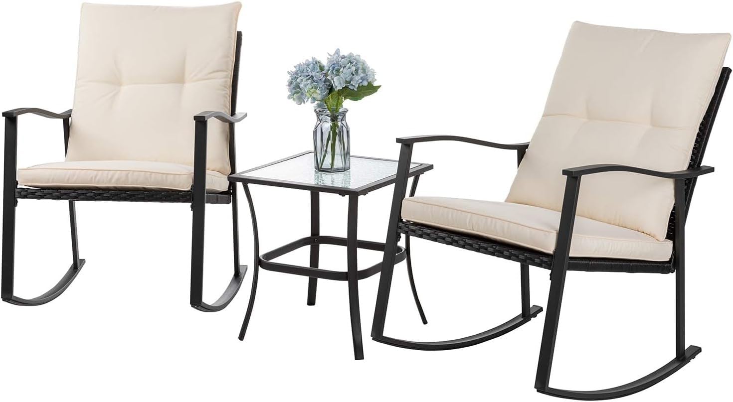 Vongrasig 3 Piece Outdoor Rocking Bistro Set, Front Porch Furniture Rocking Chairs Set of 2, Small Patio Furniture Set with Glass Table for Garden, Balcony, Backyard, Beige