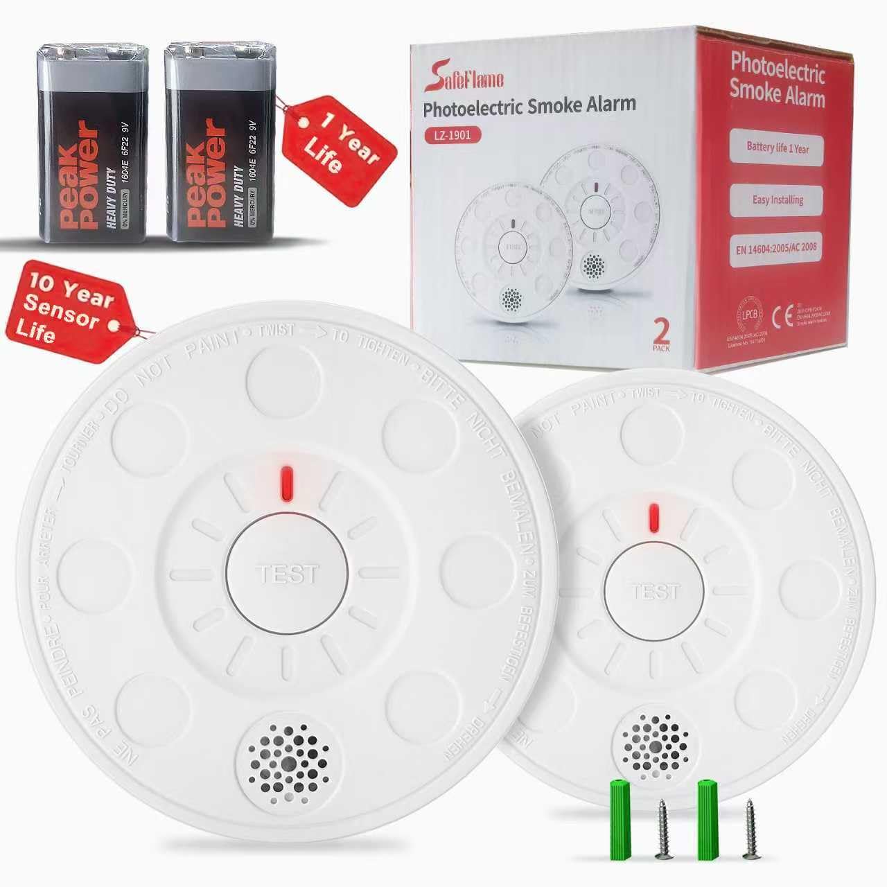 Smoke Alarm for Home, 2 Pack, Smoke Detectors with Test Silence Button Certified EN 14604:2005+AC:2008 Advanced 10 Year Optical Sensor, Low Battery Warning for Enhanced Home Safety — image 1