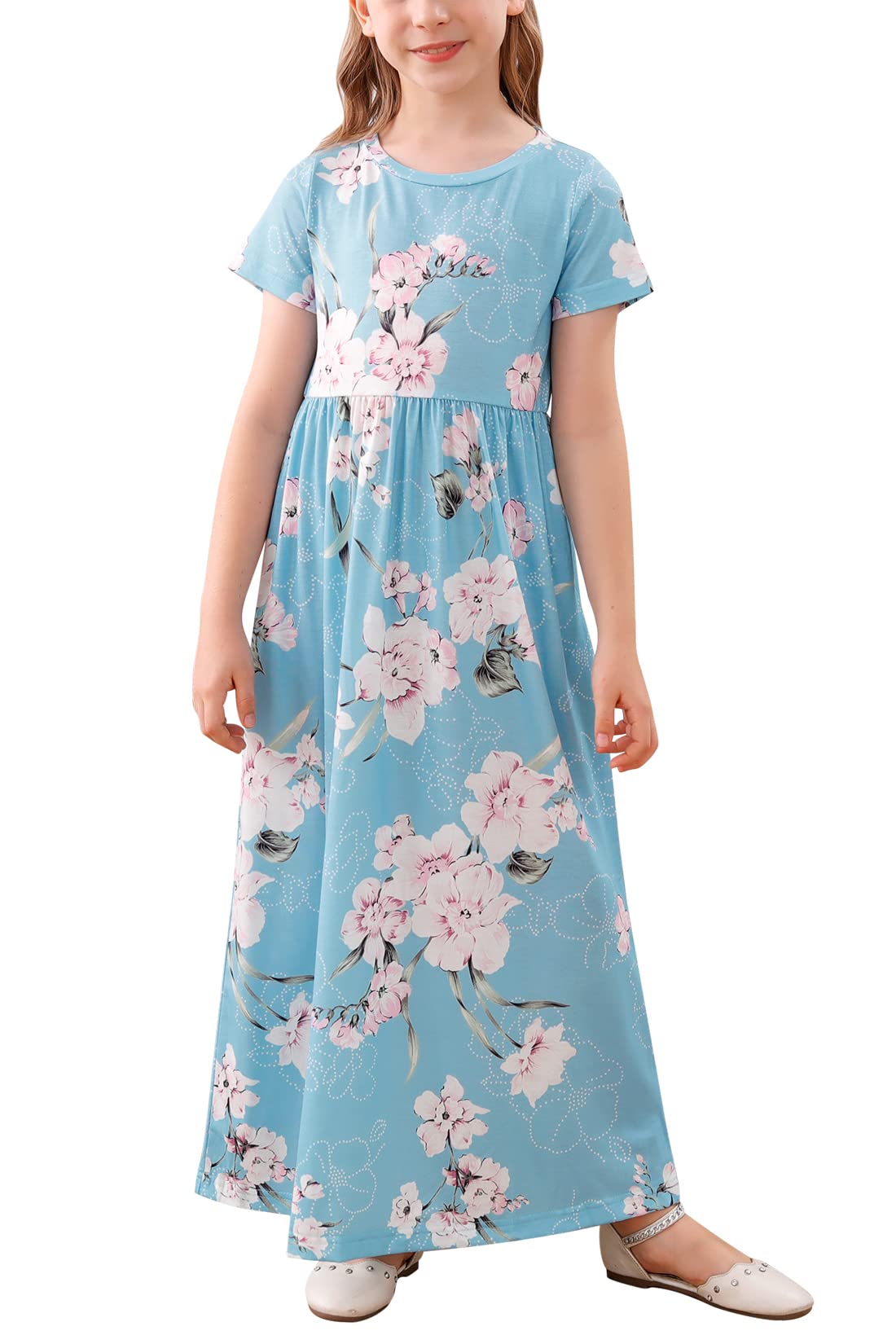 GORLYA Vestido largo de manga corta con estampado floral para niña de 4 a 12 años