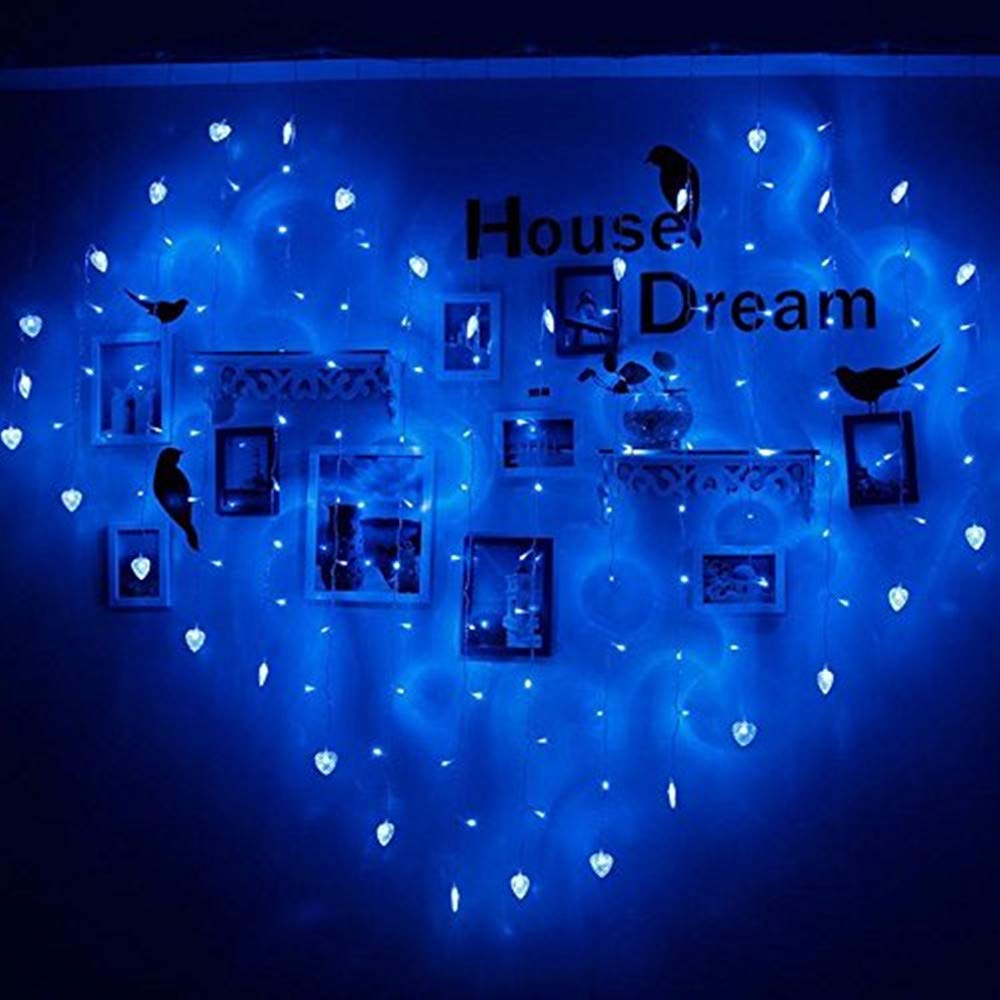 LED Rideau Lumière, 2m x 1.5m 128LED Éclairage de Rideau de Papillon de Coeur avec Batterie de Télécommande (Heart, Bleu)