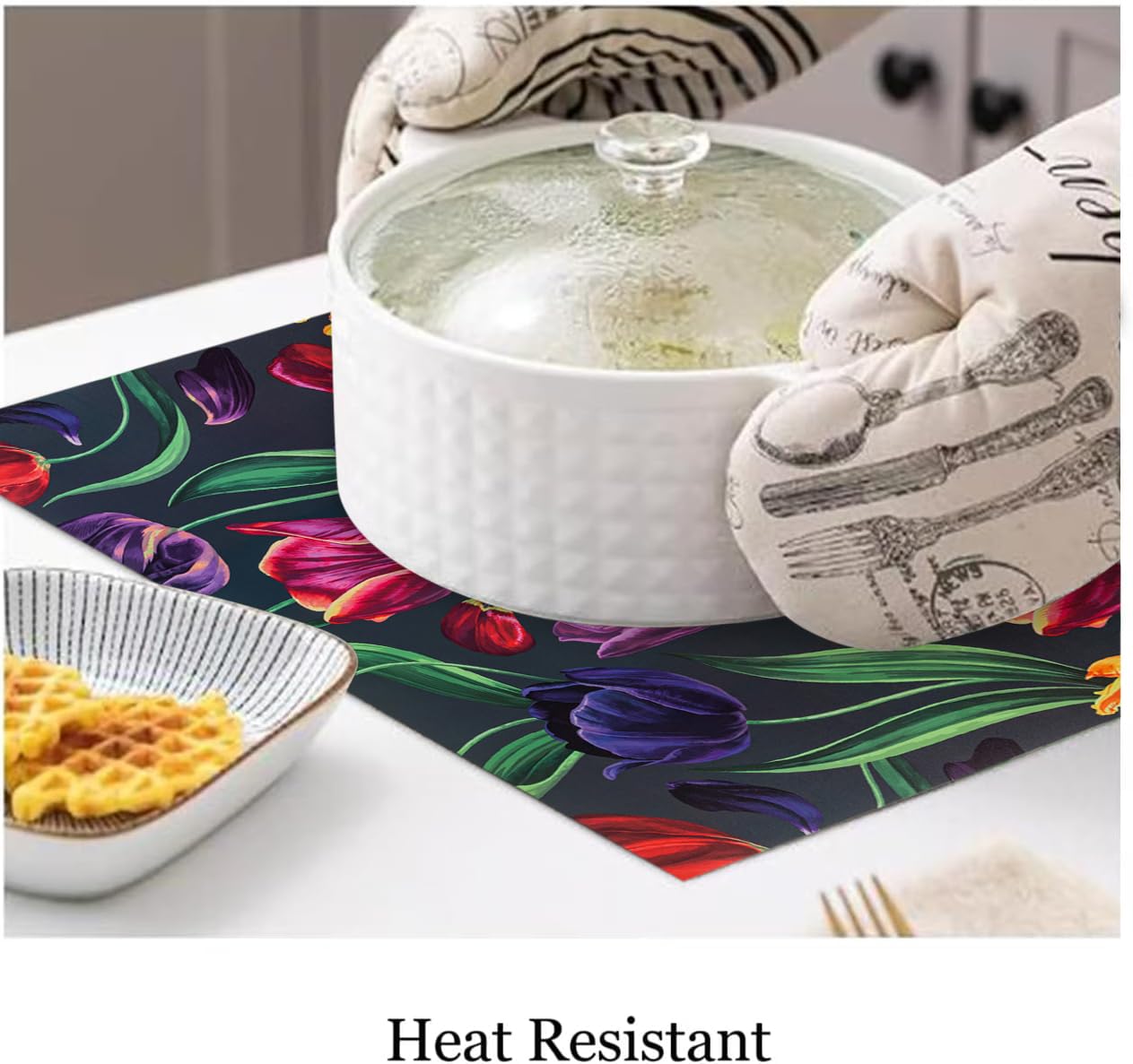 Platzdeckchen-Set, strapazierfähig, gewebtes Vinyl, für drinnen und draußen, hitzebeständig, waschbar, abwischbar, Küchen- und Terrassenwäsche, quadratische Tischsets, Tullip