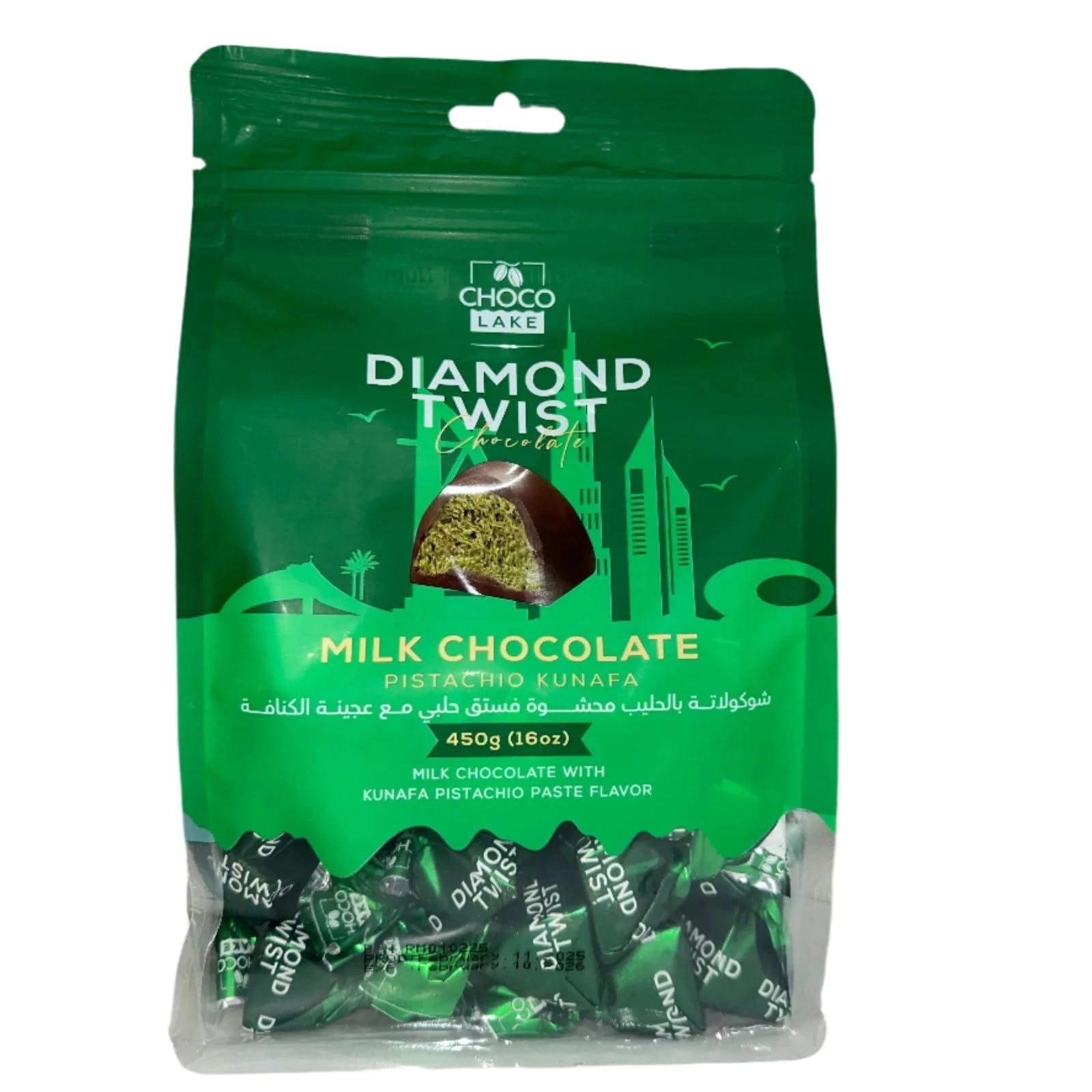 Dubai Style Diamond Twist Chocolate – Pistachio Cream Filled – 450g – 60 Pieces – Imported Luxury Chocolate