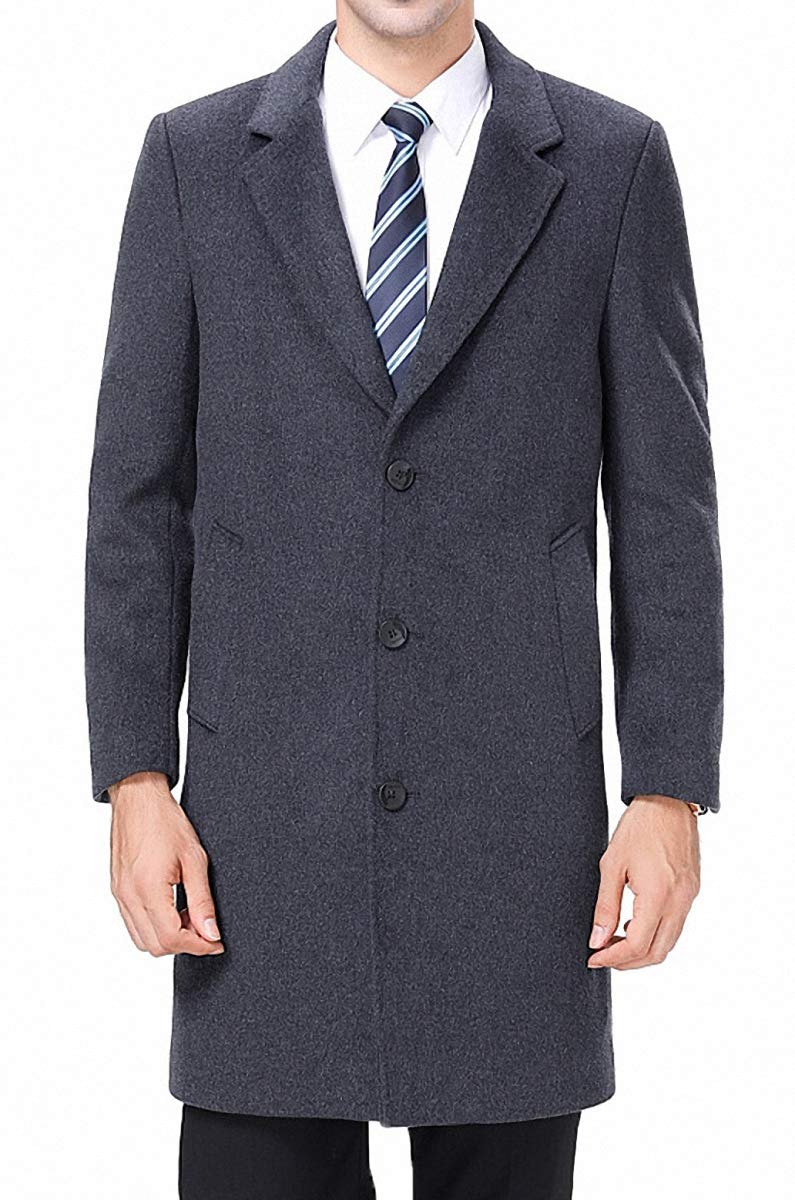 FASHINTYMen's Classical Style Single Breasted Long Dress Coat Wool Coat #00123A Gray L