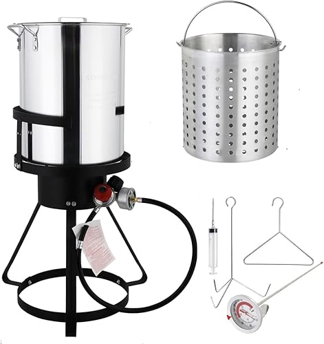 30 Qt. Aluminum Turkey Fryer with Injector Thermometer Kit and 54, 000 BTU Outdoor Propane Stove Burner Stand for 20 Lbs Turkey