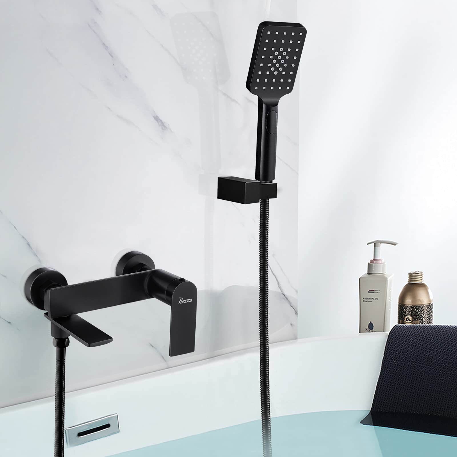 PHASAT Grifo de Bañera Negro Montaje en Pared Grifo de Ducha Monomando con Ducha de Mano de 3 Funciones BB03