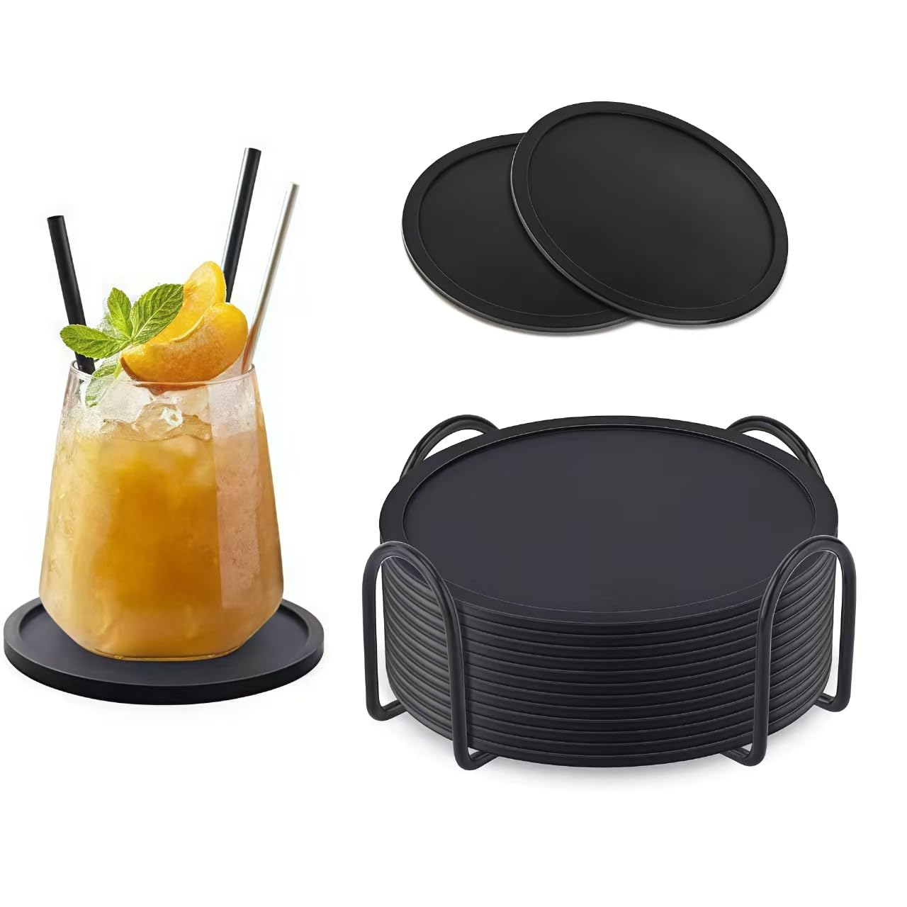 12Pcs Black Coasters for Drinks with Lip, Round Drinks Coasters with Holder, Non-Slip, Durable, Ersatile Coaster Set for Coffee, Beer, Wine, Home, Office, Bars, 10 cm