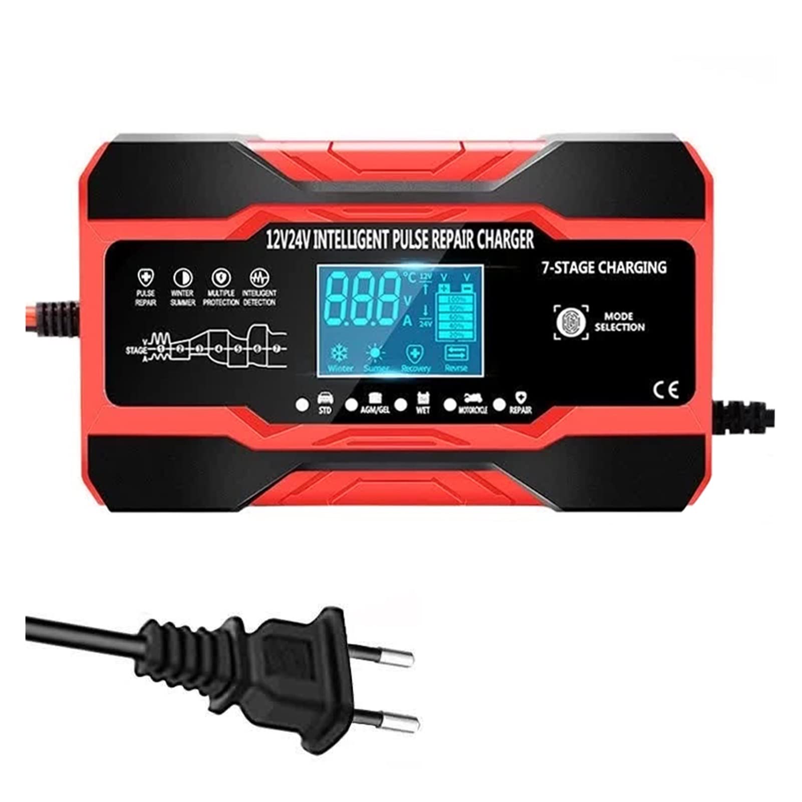 Arrancador de batería 1 2v 10a Cargador de batería de Coche 2 4v 5a Completo AUTOMÁTICO AUTOMÁTICO AUTOMÁTICO AUTOMÓVILES DE Pulso Inteligente Gel agm Mojado Plomo-ácido (Color : Rot)