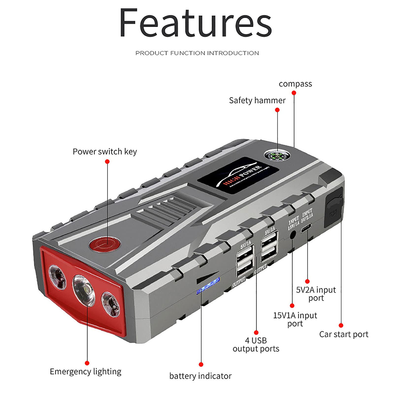 Avviatore di Emergenza Supersafe da 1200 A, 12 V, 4 USB, Portatile, per Auto, con Pompa dell'Aria e Valigia