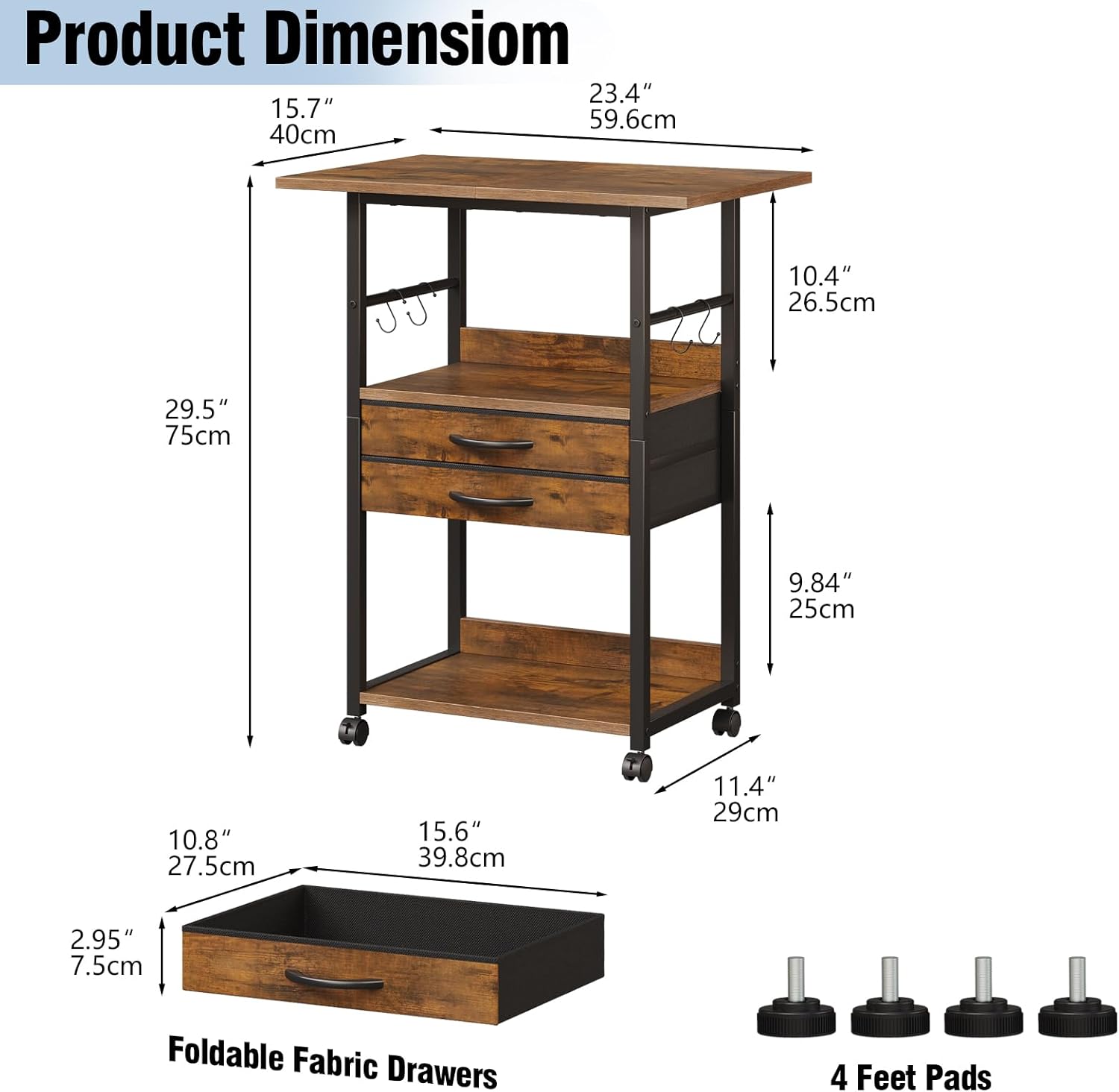 Large Printer Stand with Storage Fabric Drawer Under Desk Printer Table with Wheels for Home Office, Printer Cart fit Fax Machine Scanner (Rustic Brown, 3 Tiers)
