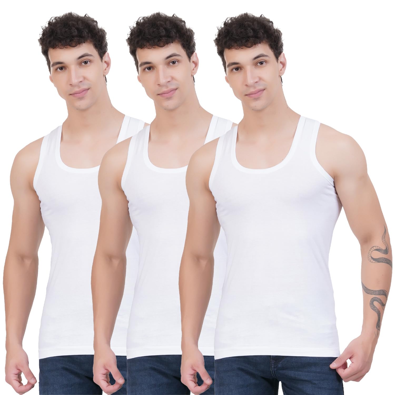 Men's Sleeveless White Vest Pack of 3 | Pure Cotton Inner Vest | Scoop Neck | Soft Breathable Banian for Men-image-14