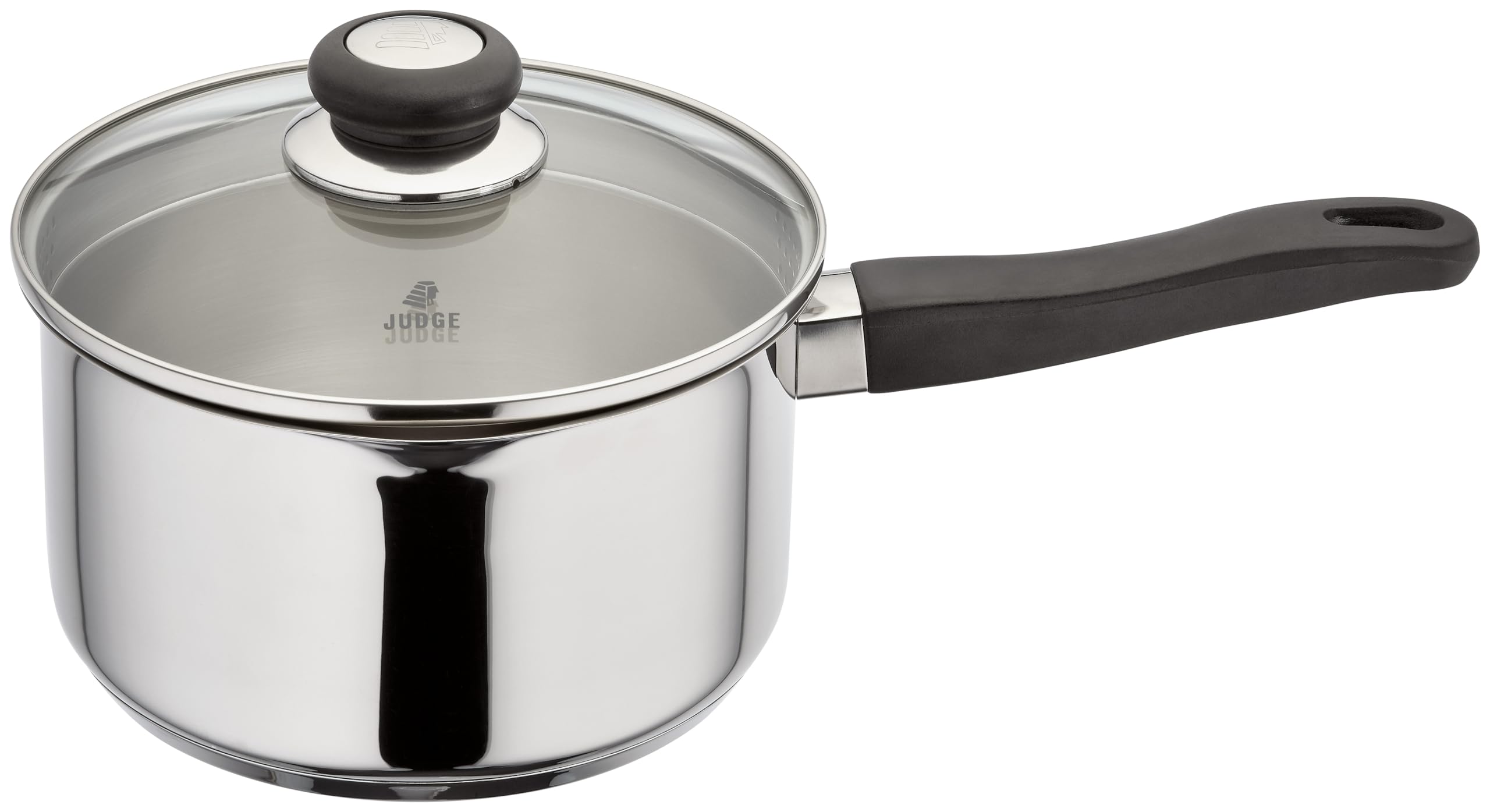 Judge Vista Draining Stainless Steel Large Saucepan with Pouring Lip 20cm 3L, Shatterproof Glass Strain & Pour Lid, Induction Ready, Oven Safe