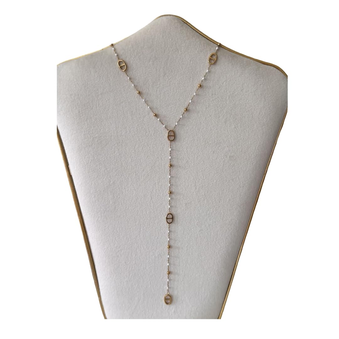 collier sautoir maille marine - collier personnalisé femme - cadeau anniversaire- noel - cadeau femme fille - nez de cochon-chaine en Y - collier petites perles blanches email