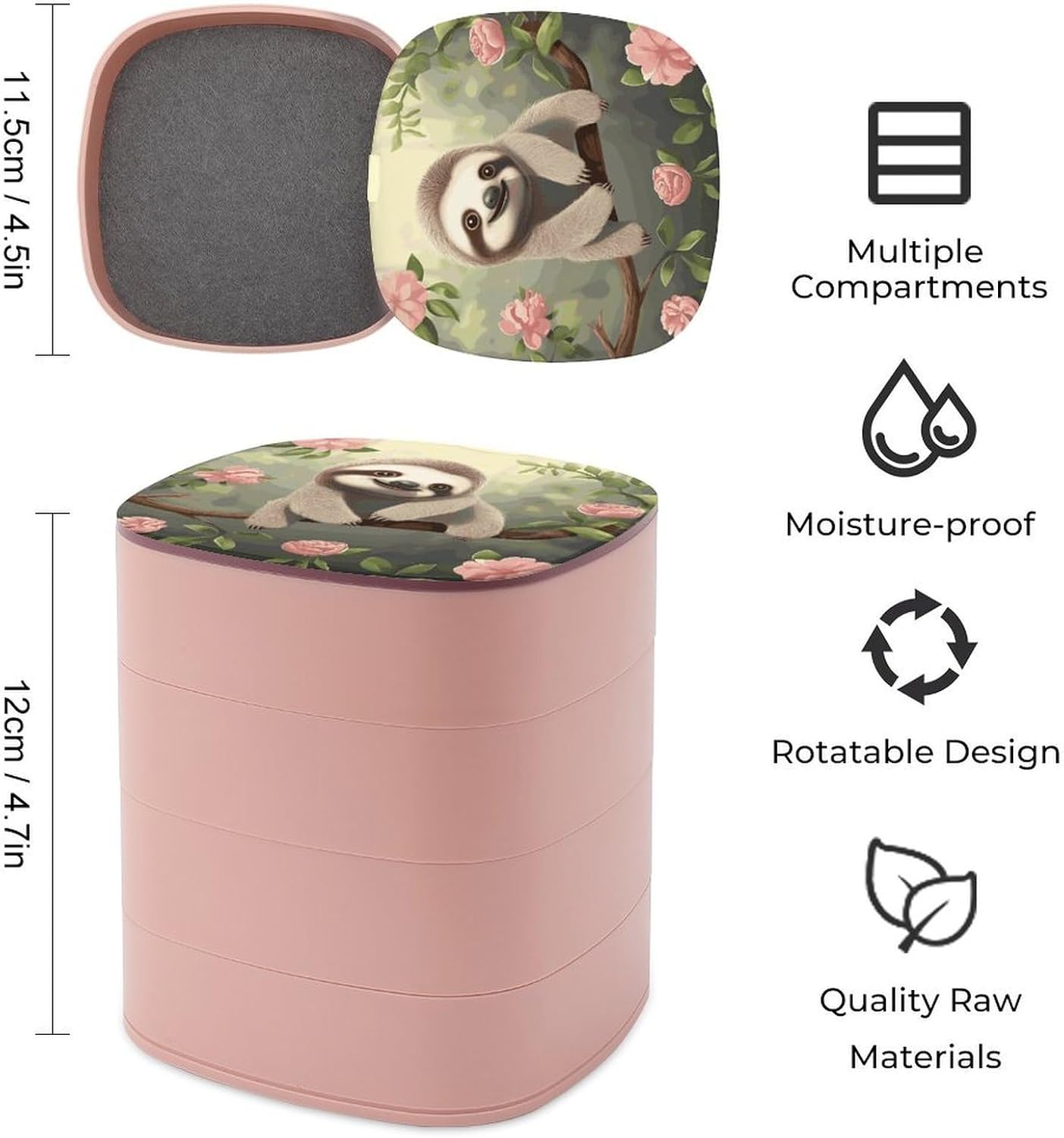 Cute Baby Sloth Rotating Jewelry Box Large Capacity, Jewelry Organizer 4-Layer, Jewelry Storage Box with Mirror, Accessories Holder for Bracelets Rings Bracelets image 2