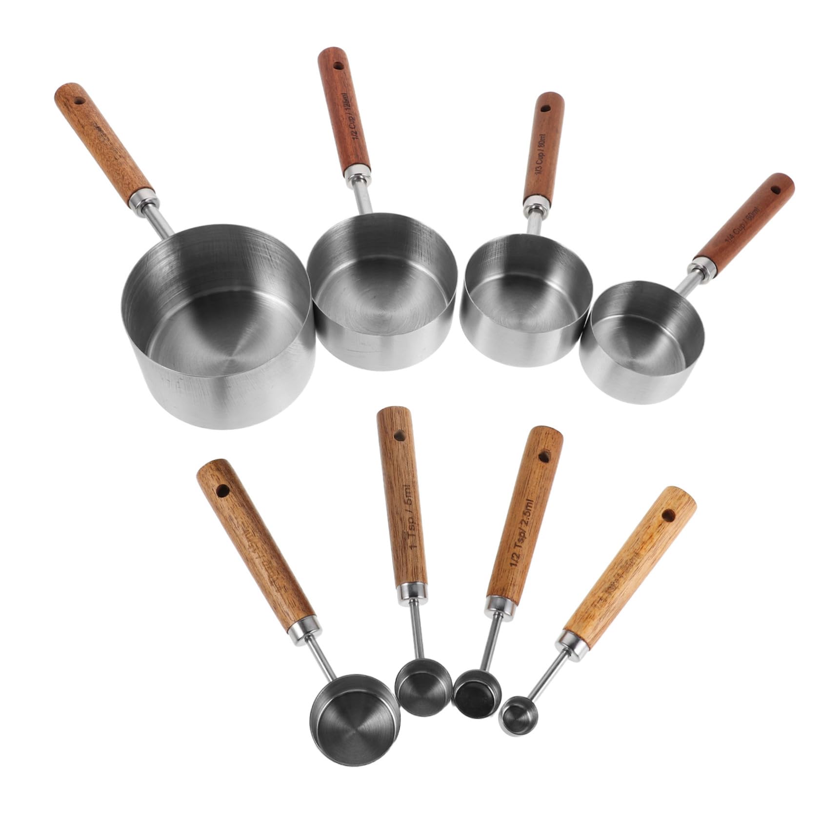 Cuillère Doseuse en Acier Inoxydable, Manche en Bois, Lot 8 Pièces