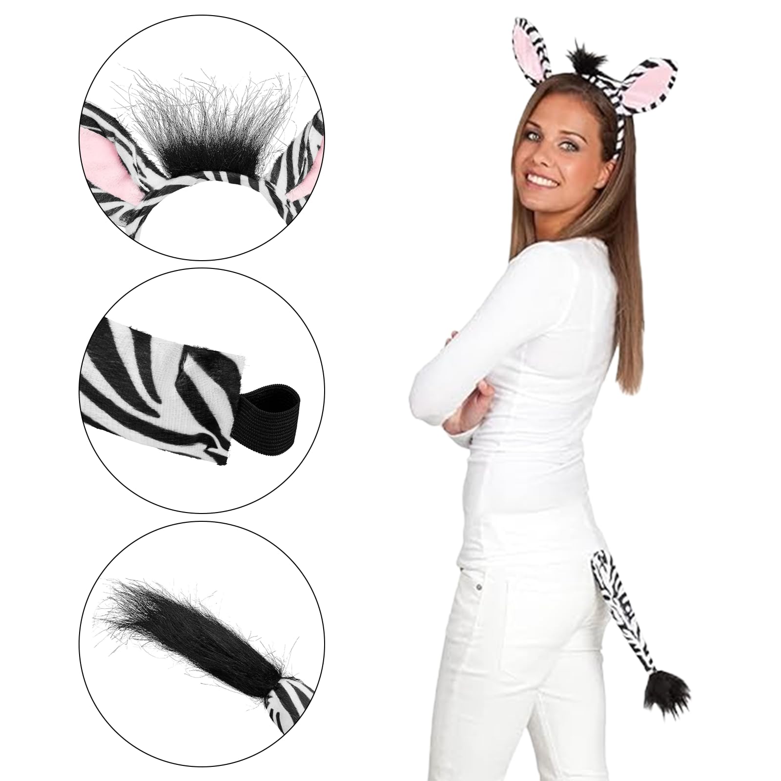 MUNSKT Animal Costume Set Ears and Tails of Zebras Headband with Ears & Tail Fancy Dress Dress Up Set for Halloween Carnival Cosplay Animal Theme Party Favors - Image 3