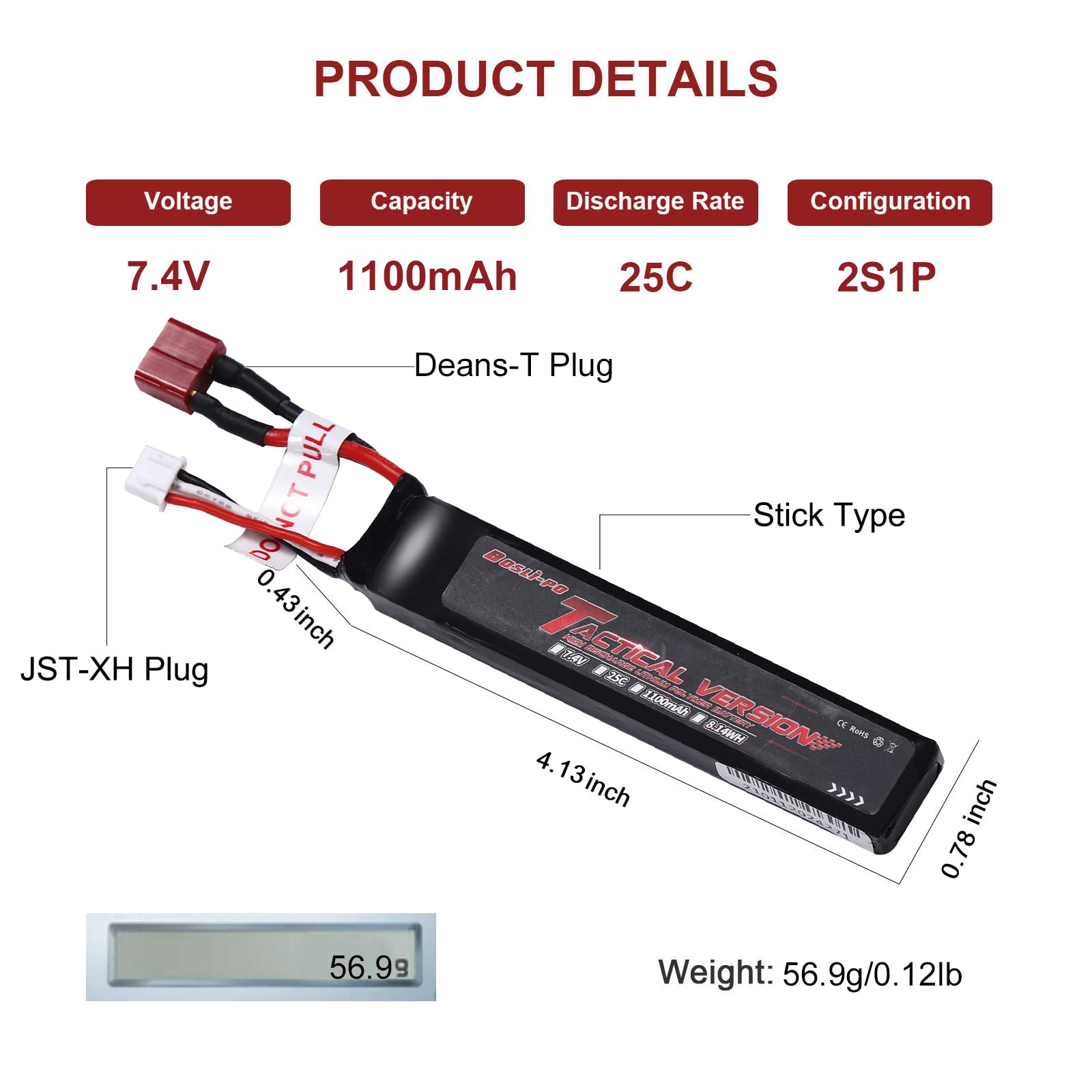 Airsoft batteria LiPo batteria 2S 7.4V 25C 1100mAh per AEG, Air Soft Guns AK47, MP5k, MP5 PDW, RPK, PKM, M4, M110, SR25, M249, M240B, G36, M14 con Mini Connettore T Plug