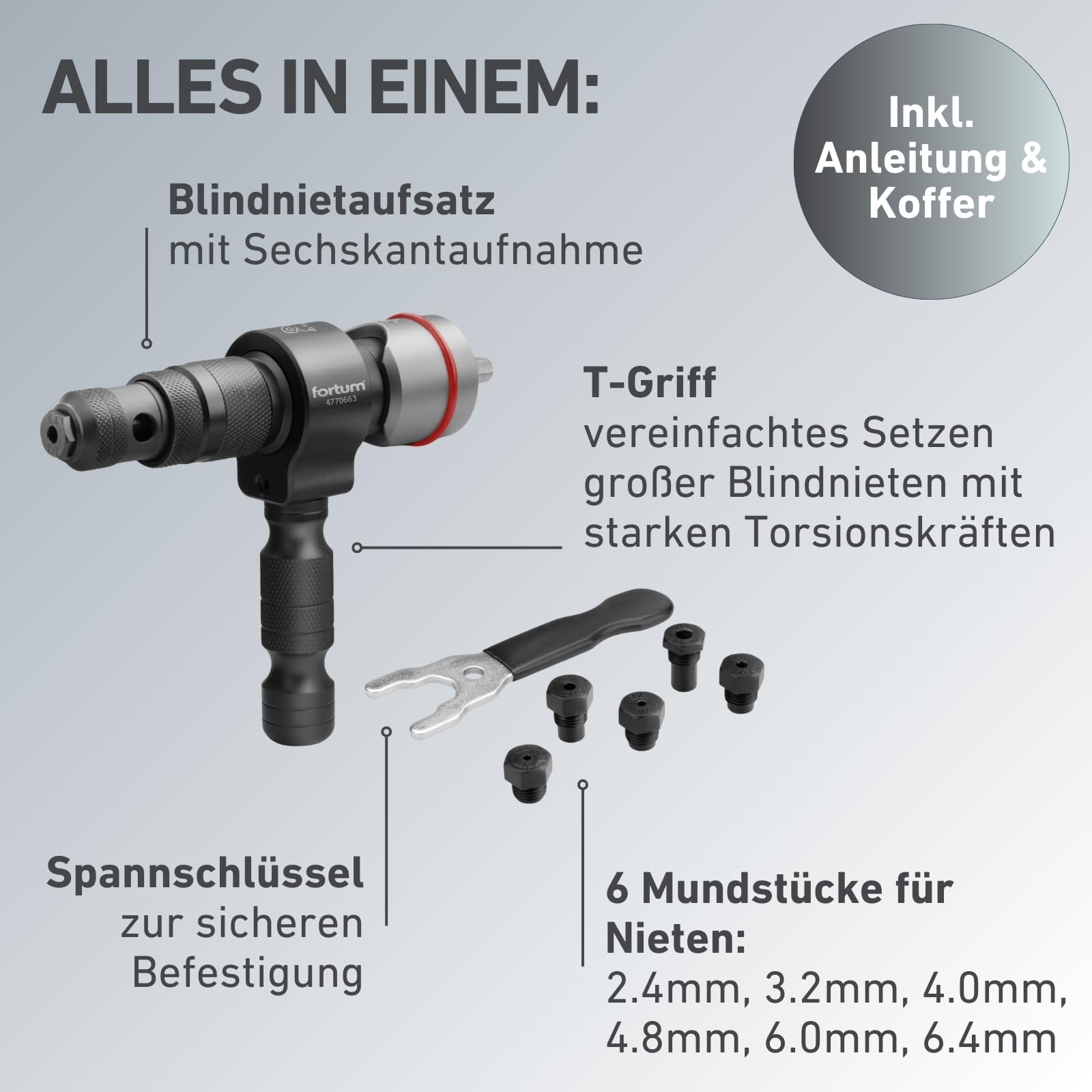 Nietaufsatz für Akkuschrauber & Bohrmaschine I Nietgerät für Blindnieten aus Alu, Kupfer, Stahl & Edelstahl I Blindnietvorsatz für 2,4-6,4 mm Nieten I Nietpistole Adapter