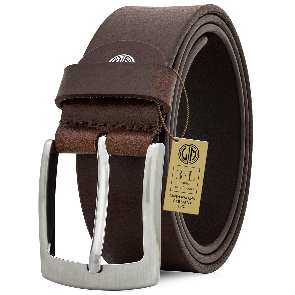 Lindenmann Men's Brown Leather Belt/ Belt, Full Grain Leather Belt Xxl, 2 Colors, Black/Dark Größe/Size:150, Farbe/Color: