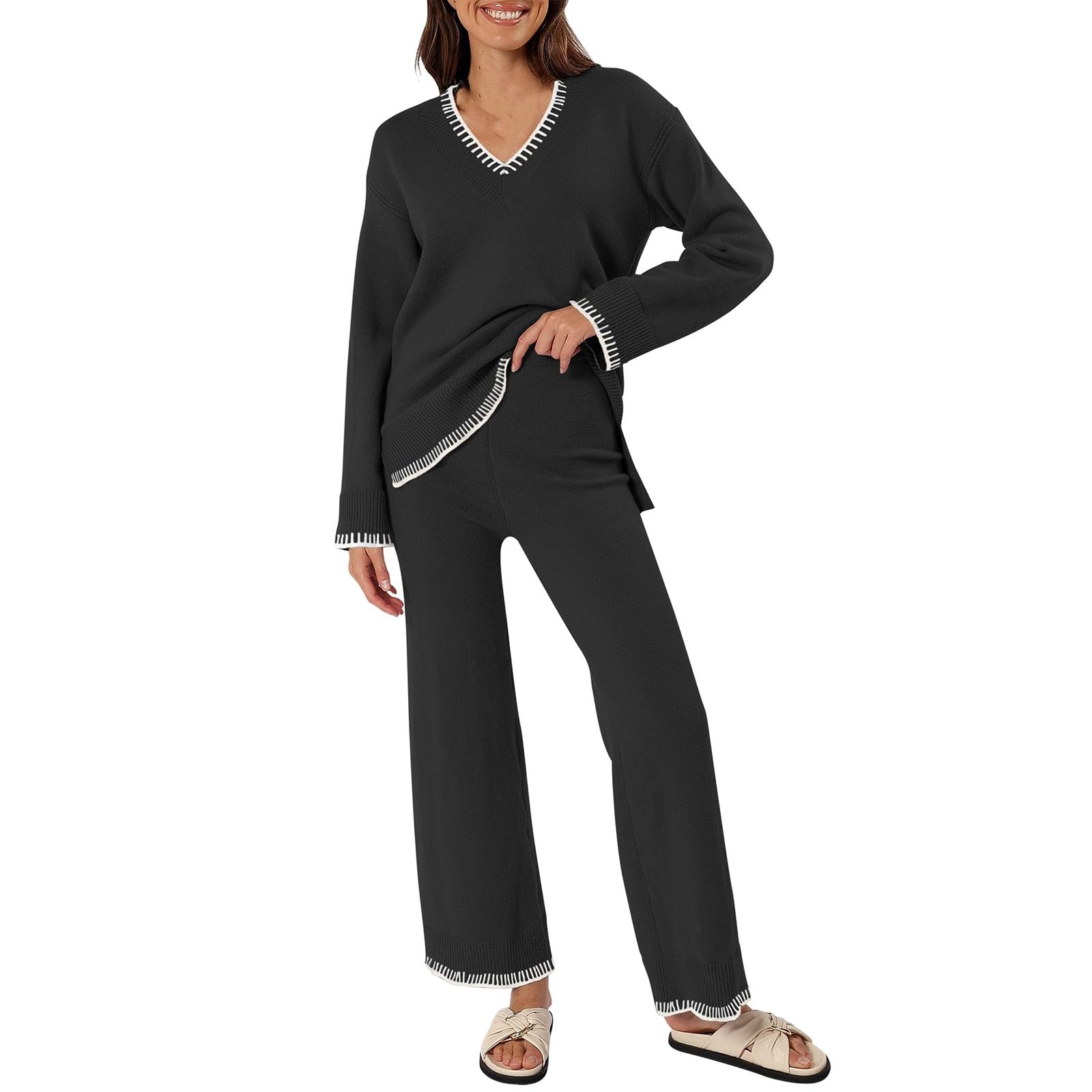 Generico Pigiama 𝐃onna con Bottoni Davanti per Set da 2 Pezzi per Le Donne 2024 Outfit Autunnali Tute alla Maglione Lavorato a Maglia con Scollo a V Set da Salotto Abbinato Accappatoio in