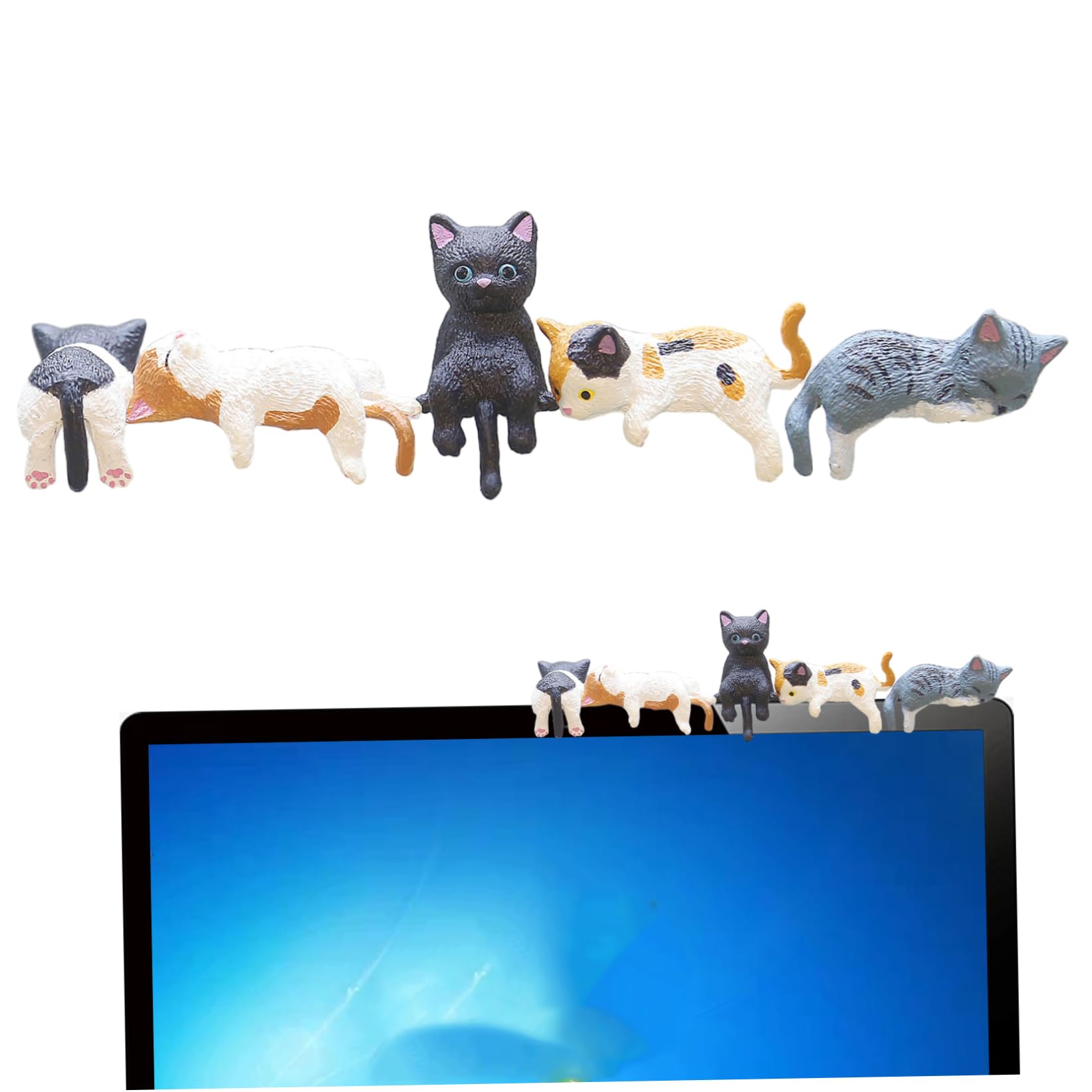 CAKEEYUM Mini Cat Figurines 5PCS PVC Computer Monitor Decor – Realistic Cute Cat Figurine for Home Office Car Decor