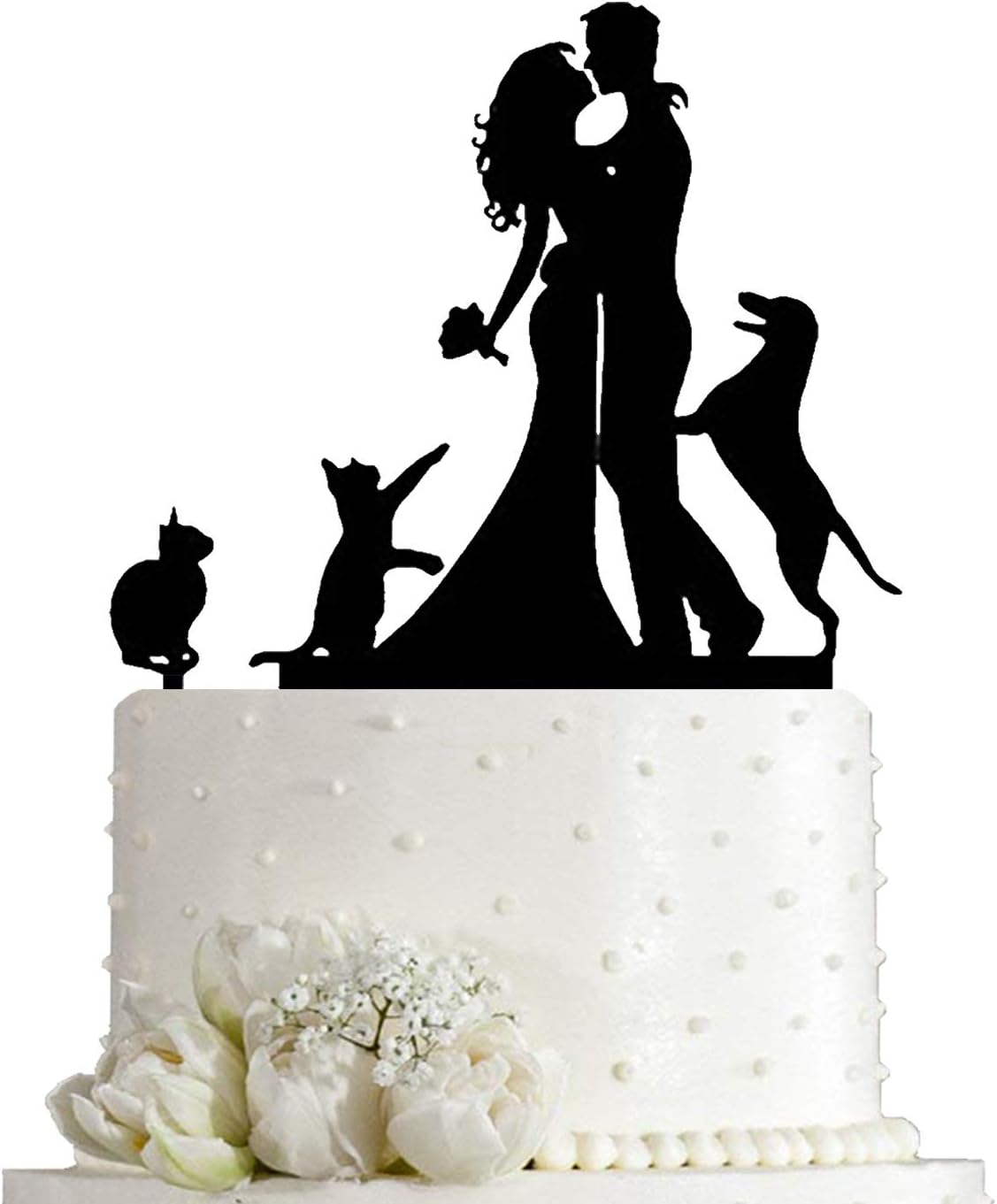 Kissing Bride and Groom with Cat and Dog Silhouette Wedding Acrylic Cake Topper (Black)
