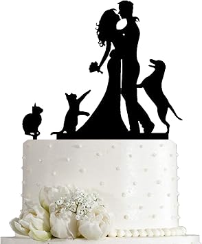 Kissing Bride and Groom with Cat and Dog Silhouette Wedding Acrylic Cake Topper Black