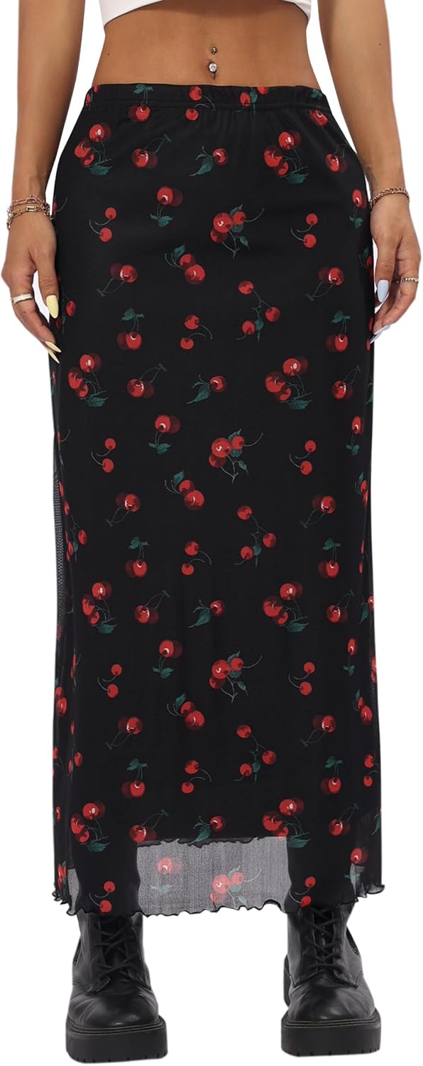 Avanova Women Cute Cherry Mesh Midi Skirt High Waist Lettuce Trim A Line Skirt Cherry Black Small