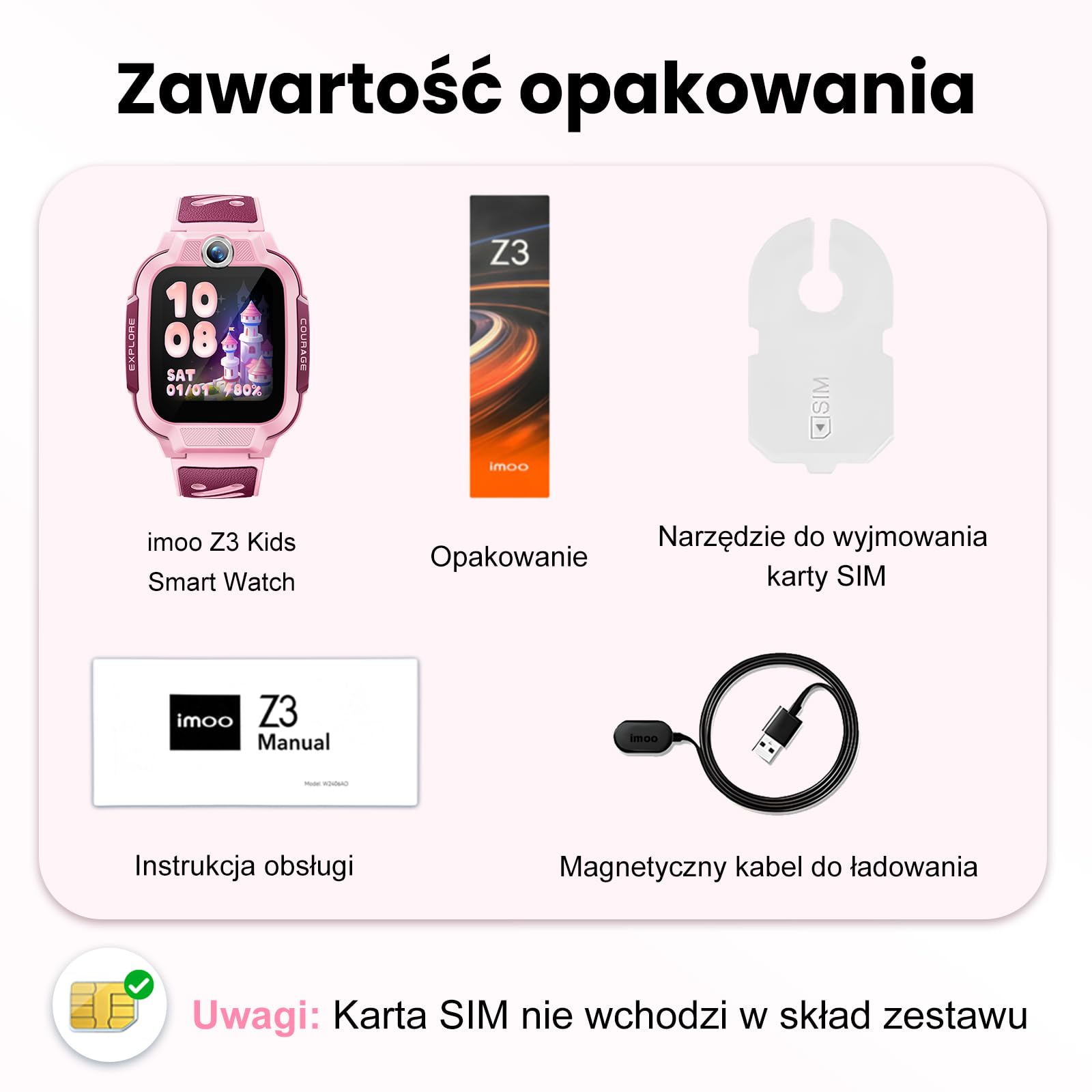 imoo Z3 Smartwatch 4G z GPS i kartą SIM, rozmowy wideo, WiFi, SOS, wodoszczelność IP68, zegarek do telefonu dla dziewcząt i chłopców (różowy-Z3, imoo Z3)